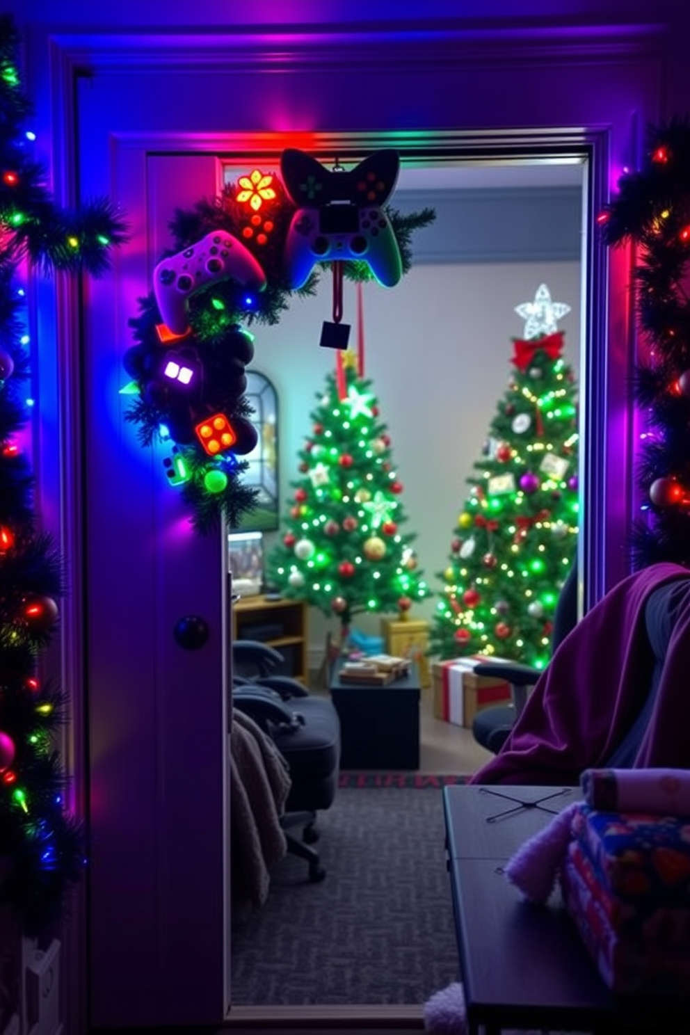 A vibrant gamer-themed wreath adorns the front door, crafted from colorful game controllers, pixelated ornaments, and LED lights that twinkle with a playful glow. Surrounding the wreath, festive garlands in neon colors add a lively touch, inviting guests into a space filled with gaming spirit. Inside the game room, the Christmas decorations embrace a playful yet cozy atmosphere, featuring a tree adorned with gaming-themed ornaments and twinkling fairy lights. Plush gaming chairs are draped with cozy blankets, and a festive table displays an array of snacks and drinks, creating the perfect setting for holiday gaming marathons.