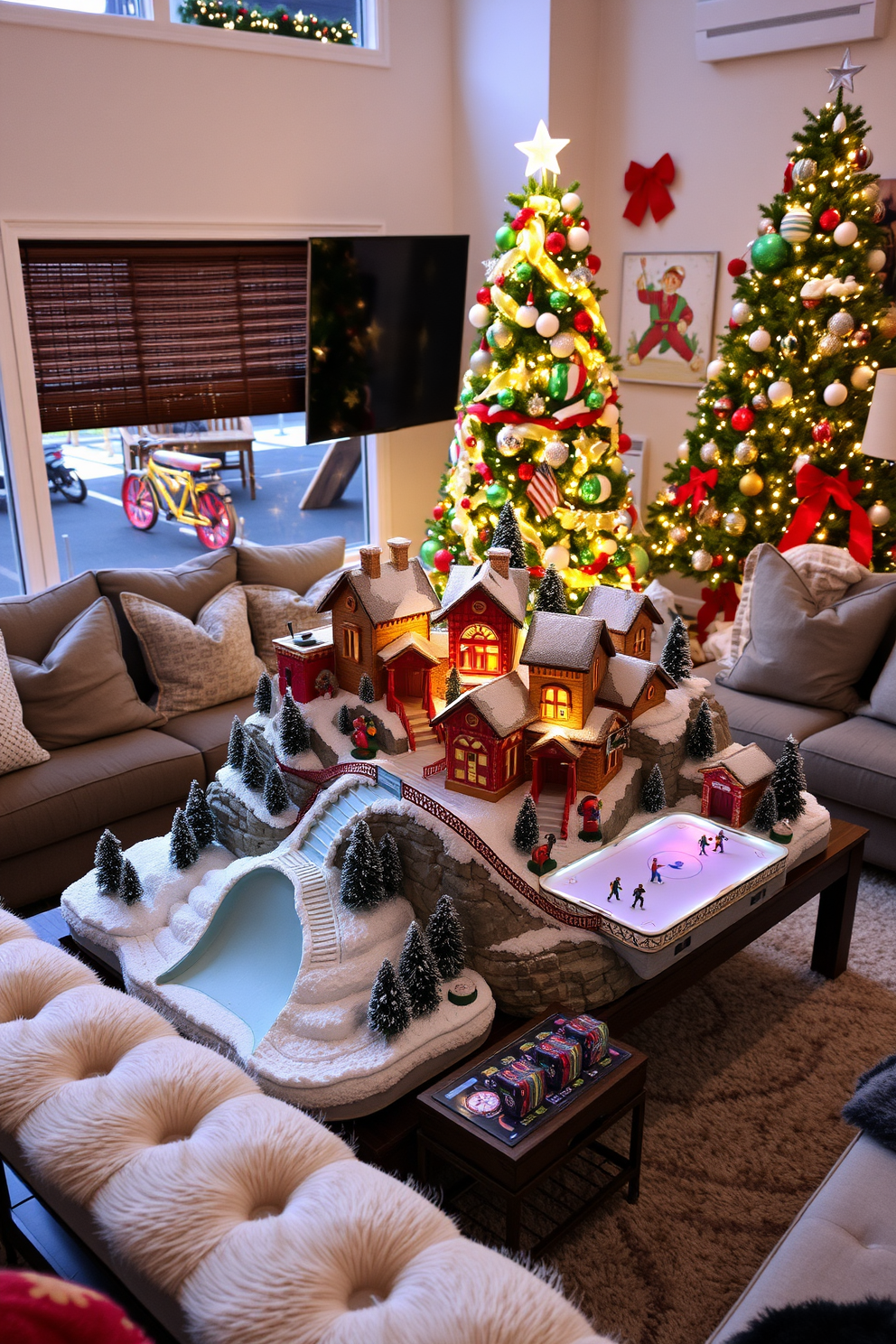 A charming miniature Christmas village is set up on a large table, featuring quaint houses adorned with twinkling lights and snow-covered rooftops. Game elements like a miniature ski slope and a small ice rink with tiny skaters add a playful touch to the festive scene. The game room is decorated with a cozy holiday theme, featuring a large Christmas tree adorned with colorful ornaments and game-themed decorations. Plush seating surrounds a coffee table, where festive snacks and holiday games invite family and friends to gather and celebrate the season.