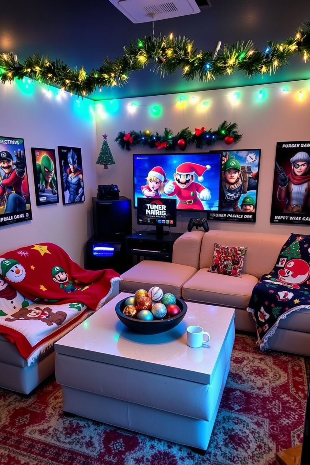 A cozy game room adorned with Christmas-themed posters featuring characters from favorite video games. The walls are decorated with vibrant artwork, while a festive garland of lights hangs above the gaming setup, creating a cheerful atmosphere. A plush sectional sofa is draped with holiday-themed blankets, inviting friends and family to gather. A large coffee table, adorned with a bowl of ornaments and hot cocoa mugs, sits in the center, enhancing the festive spirit.