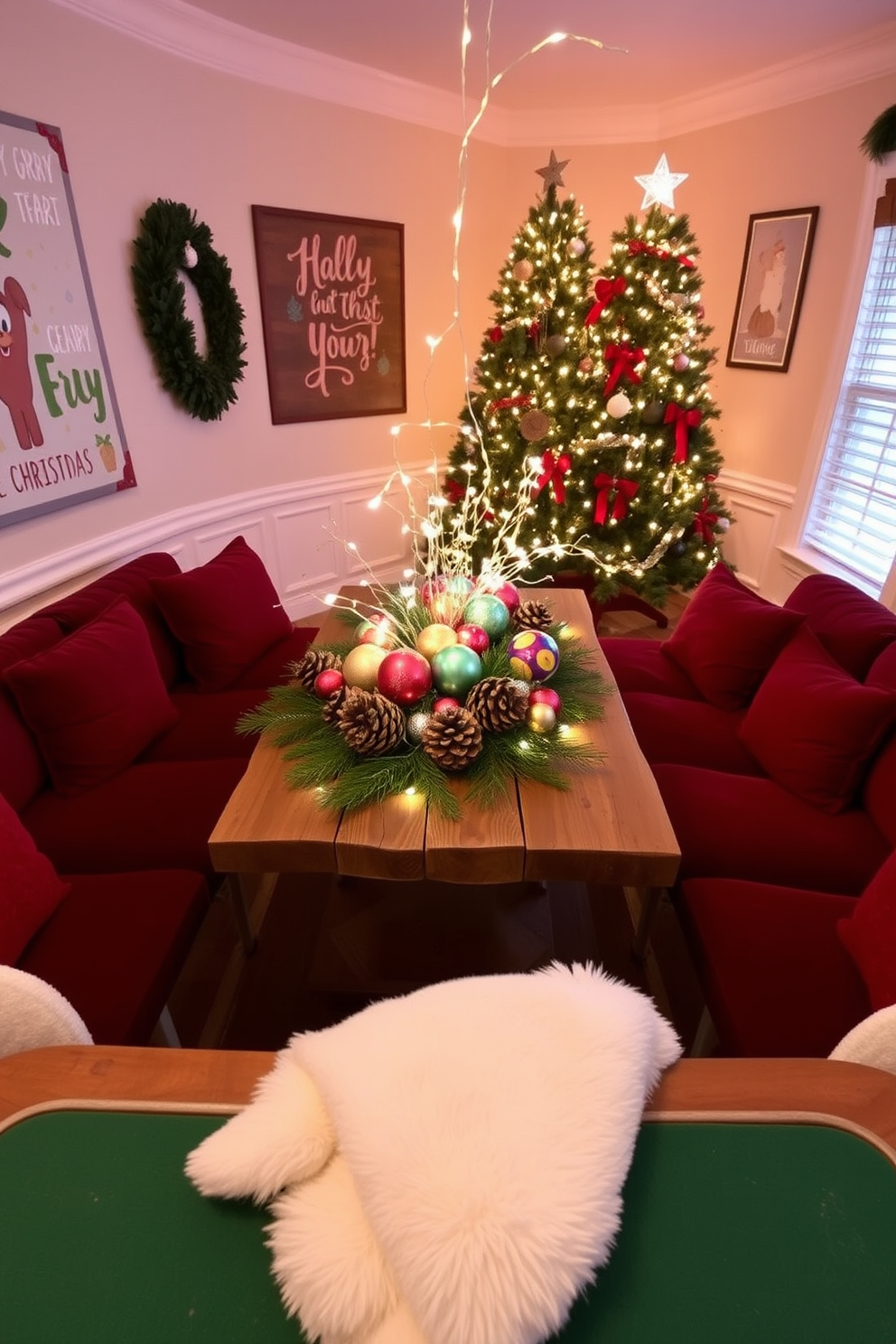 A festive game room adorned with pinecone and ornament table decor. The centerpiece features a rustic wooden table decorated with an arrangement of pinecones, colorful ornaments, and twinkling fairy lights, creating a warm holiday atmosphere. Surrounding the table, plush seating in rich, deep colors invites guests to relax and enjoy the festive spirit. The walls are adorned with playful holiday-themed artwork, and a beautifully lit Christmas tree stands in the corner, enhancing the joyful ambiance.