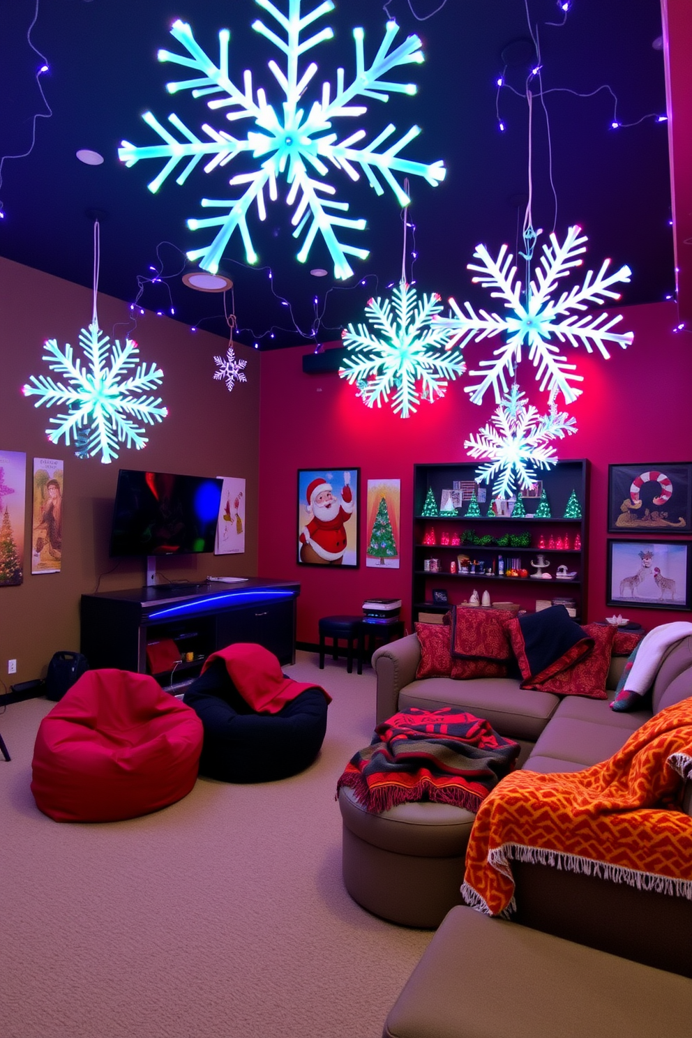 A festive game room adorned with LED snowflakes hanging from the ceiling, casting a soft glow over the space. The walls are decorated with vibrant holiday-themed artwork, and a cozy seating area features plush bean bags and a large sectional sofa draped with colorful throw blankets.