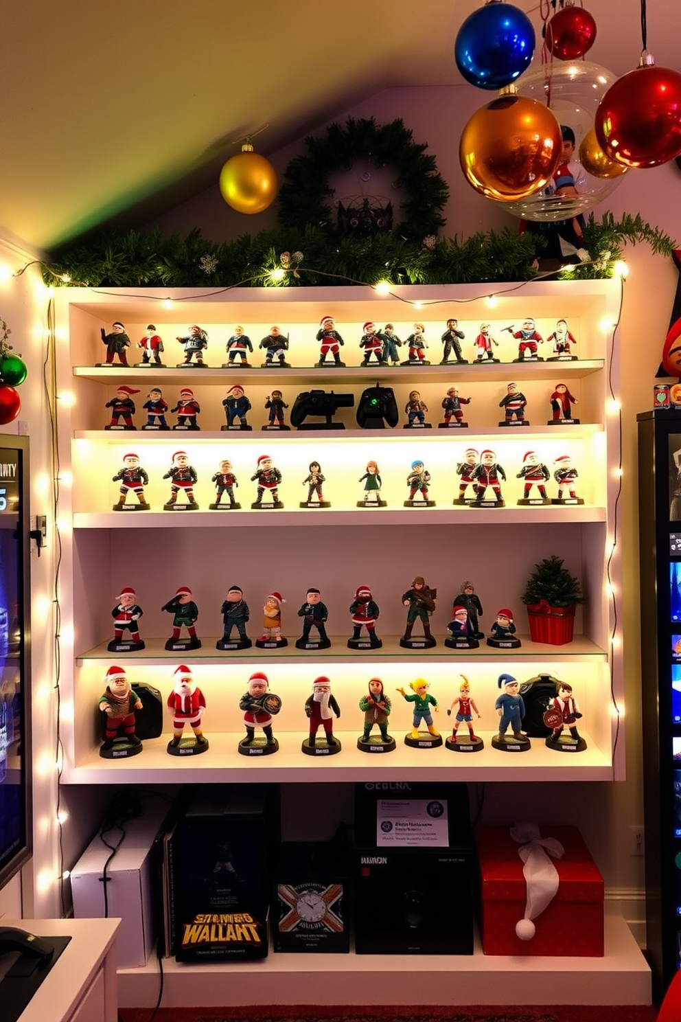 A vibrant game room adorned for the holidays, featuring shelves lined with gamer figurines dressed in festive holiday attire. The walls are decorated with string lights and colorful ornaments, creating a cheerful atmosphere that celebrates both gaming and the season.