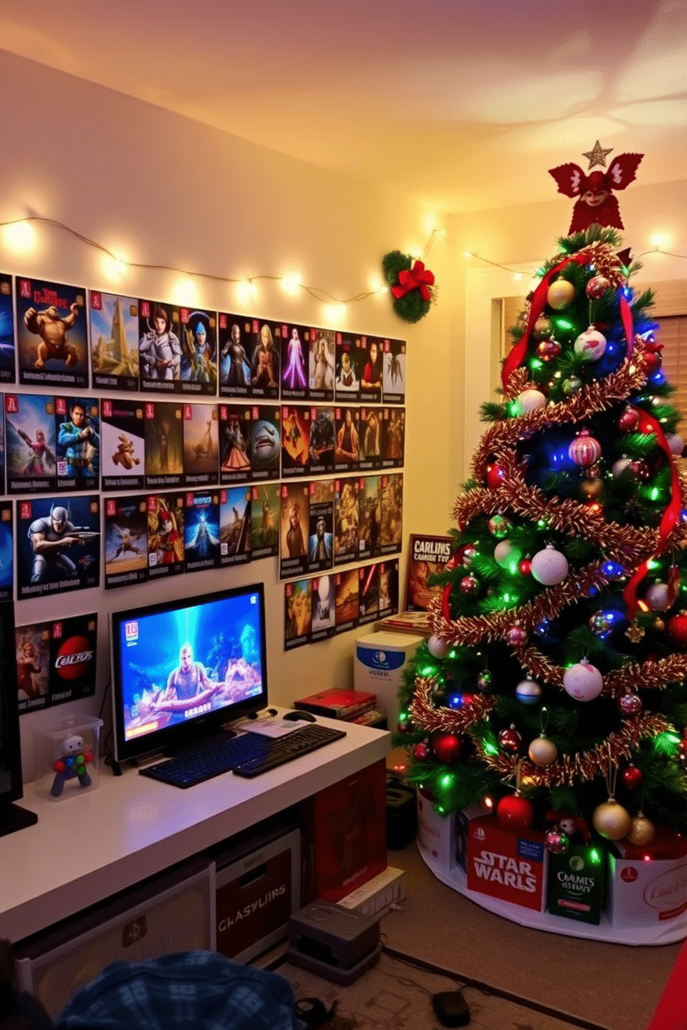 A festive game room adorned for Christmas, featuring a vibrant display of holiday cards showcasing various game art. The walls are decorated with string lights, and a large Christmas tree stands in the corner, adorned with gaming-themed ornaments and colorful garlands.