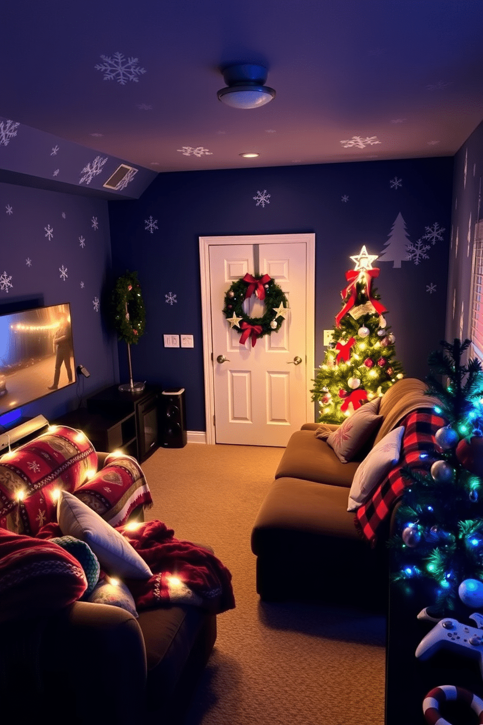 A cozy game room adorned with holiday-themed wall decals featuring snowflakes and Christmas trees. The walls are painted a deep blue, complementing a large sectional sofa covered in festive throw blankets and pillows. String lights are draped around the gaming console, casting a warm glow over the room. A cheerful holiday wreath hangs on the door, and a small Christmas tree stands in the corner, decorated with ornaments that reflect the gaming theme.