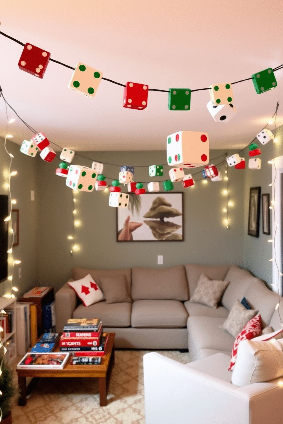 A whimsical game room adorned with a DIY dice and meeple garland strung across the ceiling, creating a festive atmosphere. The garland features colorful wooden meeples and oversized dice in red, green, and white, complementing the playful decor of the space. In the corner, a cozy seating area is arranged with a plush sectional sofa and a coffee table stacked with board games. Twinkling fairy lights are draped around the room, enhancing the holiday spirit and inviting friends and family to gather for game nights.