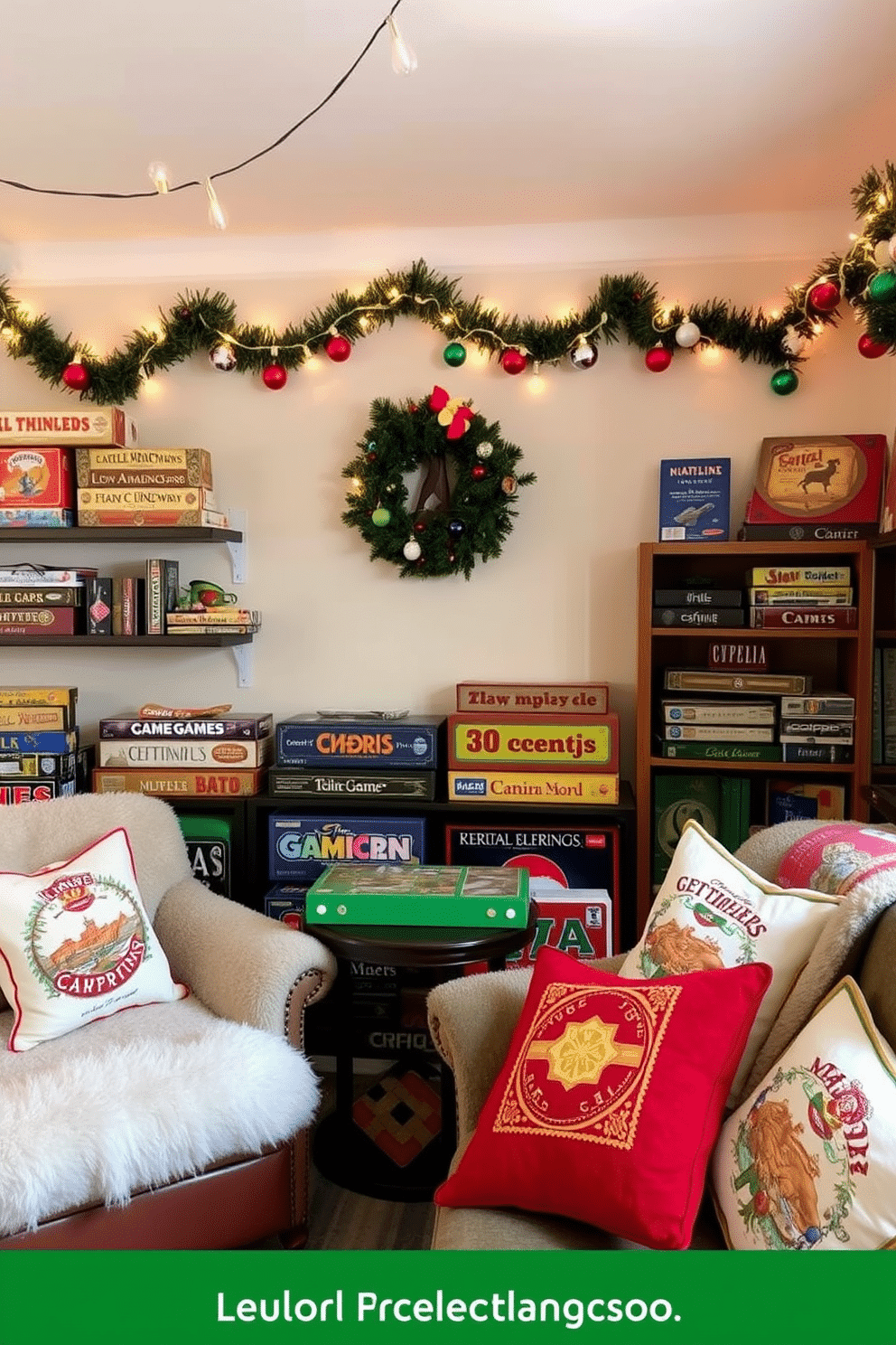 A cozy game room adorned for the holidays features vintage game boxes artfully arranged on shelves and tables. Twinkling string lights drape over the game boxes, creating a warm and inviting atmosphere filled with nostalgia. The walls are decorated with festive garlands made from game pieces and colorful ornaments. Plush seating is enhanced with throw blankets and pillows showcasing classic game motifs, inviting friends and family to gather and enjoy the festive spirit.