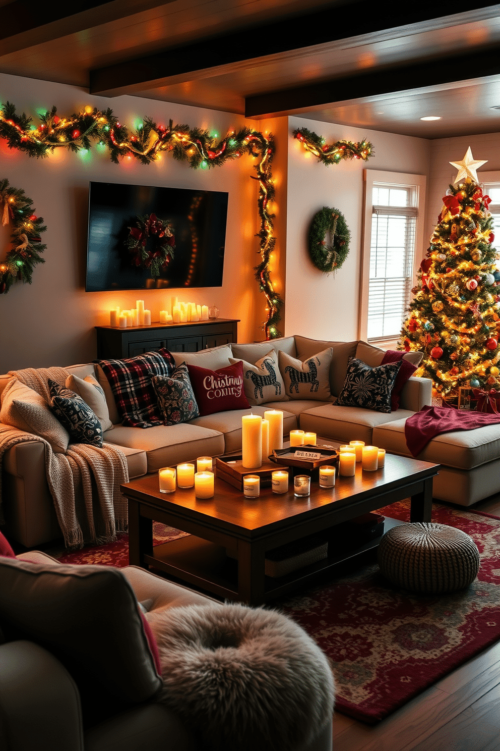 A cozy game room adorned for the holiday season, featuring a large sectional sofa draped with festive throw blankets. The coffee table is surrounded by themed candles in warm, seasonal scents, creating a welcoming atmosphere. On the walls, colorful garlands and twinkling fairy lights enhance the festive spirit, while a beautifully decorated Christmas tree stands in the corner. Plush rugs and comfortable seating invite friends and family to gather and enjoy holiday games together.