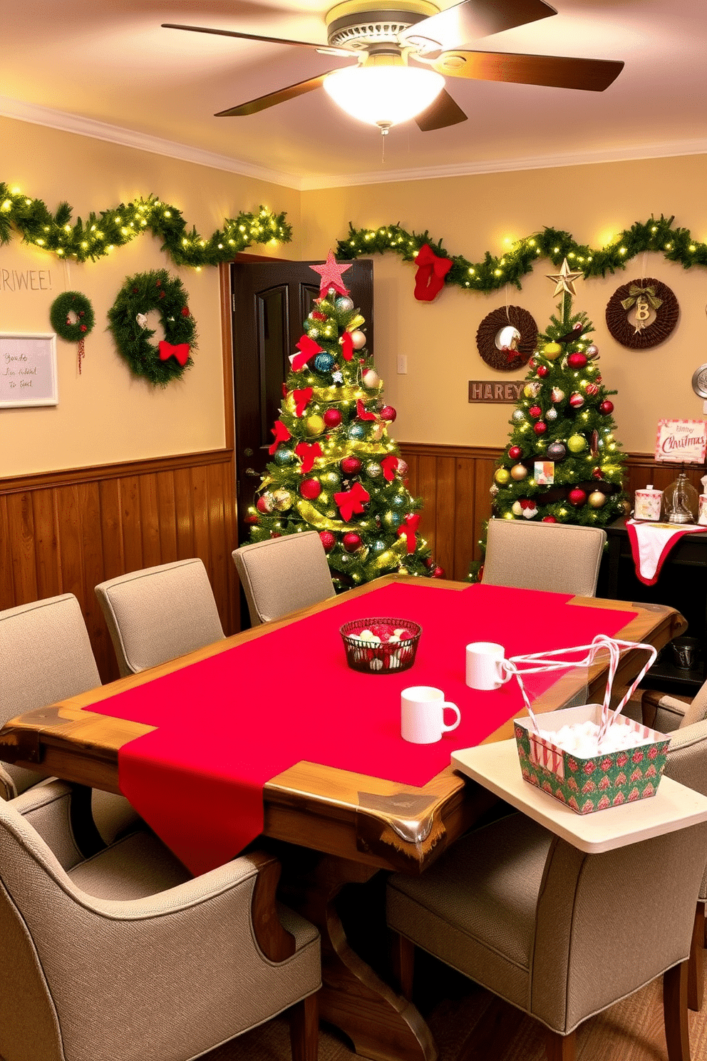 A cozy game room is transformed for a festive Christmas trivia night. The space features a large, rustic wooden table surrounded by comfortable upholstered chairs, adorned with a vibrant red tablecloth and twinkling fairy lights. On the walls, cheerful holiday decorations include wreaths and garlands, while a Christmas tree in the corner is decorated with colorful ornaments and a star on top. A hot cocoa station sits nearby, complete with mugs, marshmallows, and peppermint sticks, inviting guests to indulge in seasonal treats.