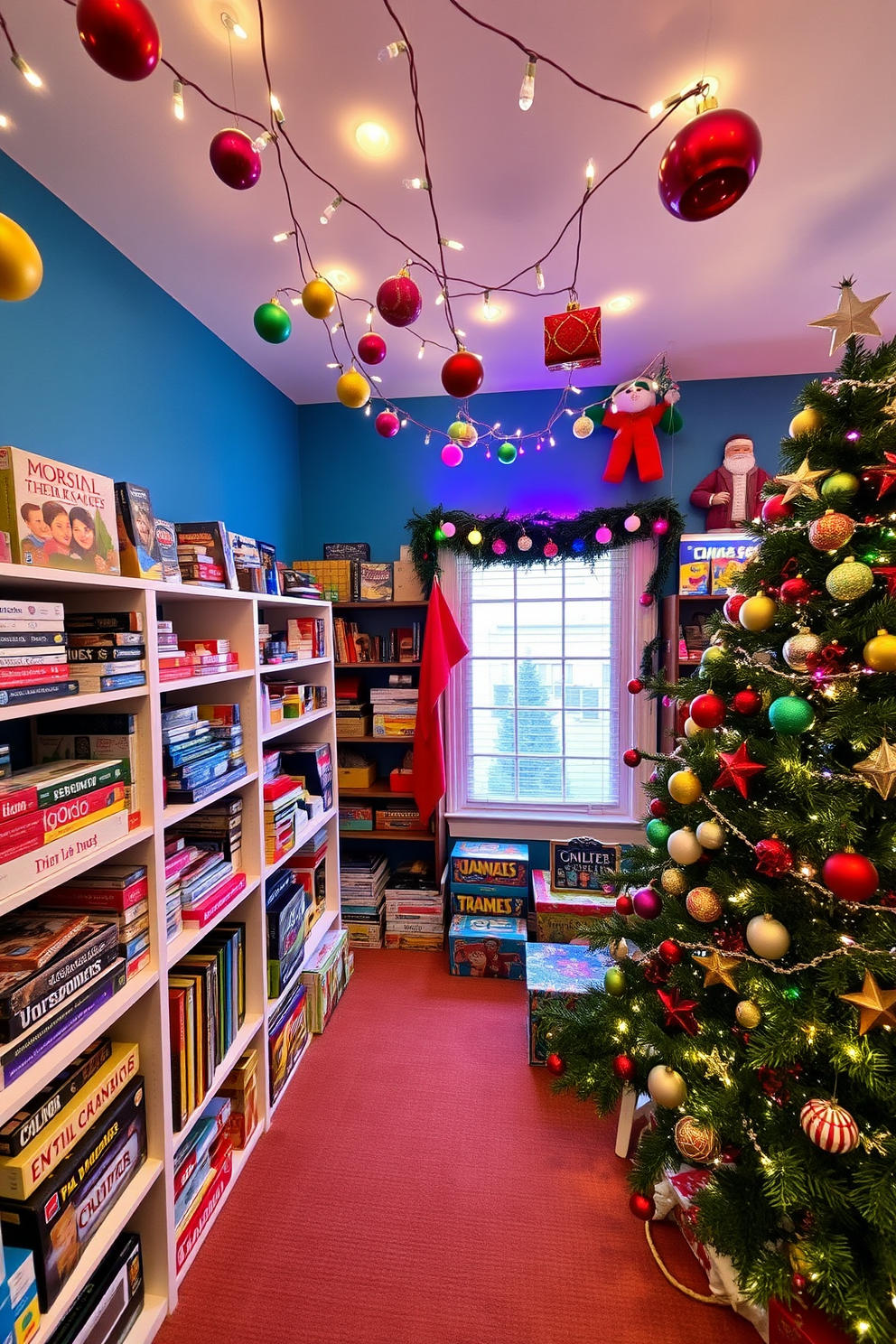 A vibrant game room filled with colorful ornaments and festive decorations for the holiday season. The shelves are lined with neatly organized board games, while twinkling fairy lights drape across the ceiling and a large Christmas tree adorned with bright ornaments stands in the corner.