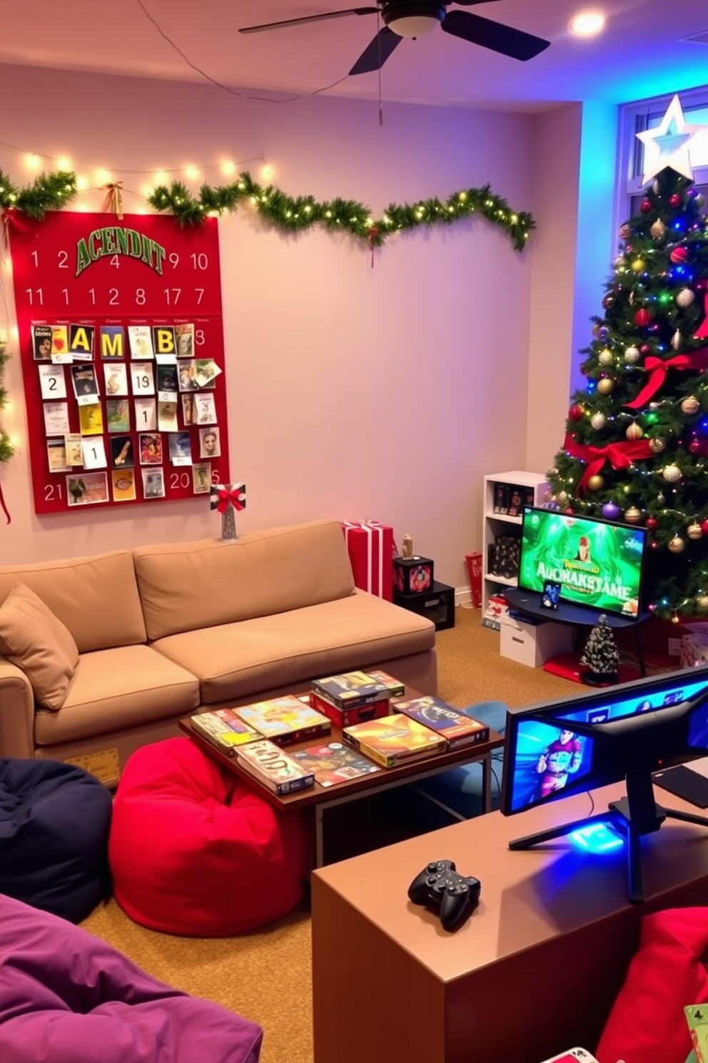 A vibrant game room designed for the holidays, featuring an interactive advent calendar hanging on the wall, filled with small game prizes. The room is adorned with festive decorations, including string lights and a large Christmas tree in the corner, creating a cozy and inviting atmosphere. The gaming area includes a plush sectional sofa and a coffee table stacked with board games, surrounded by colorful bean bags. A gaming console setup is prominently displayed, with themed decorations that reflect the holiday spirit, making it a perfect spot for festive gatherings.