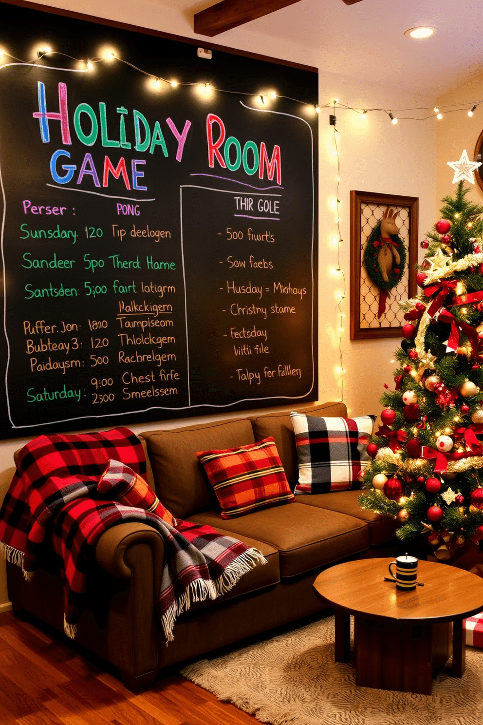 A festive game room adorned with a large chalkboard displaying the holiday game schedule in colorful chalk. The space is decorated with twinkling string lights, a cozy sectional sofa draped with plaid throws, and a cheerful Christmas tree adorned with playful ornaments.