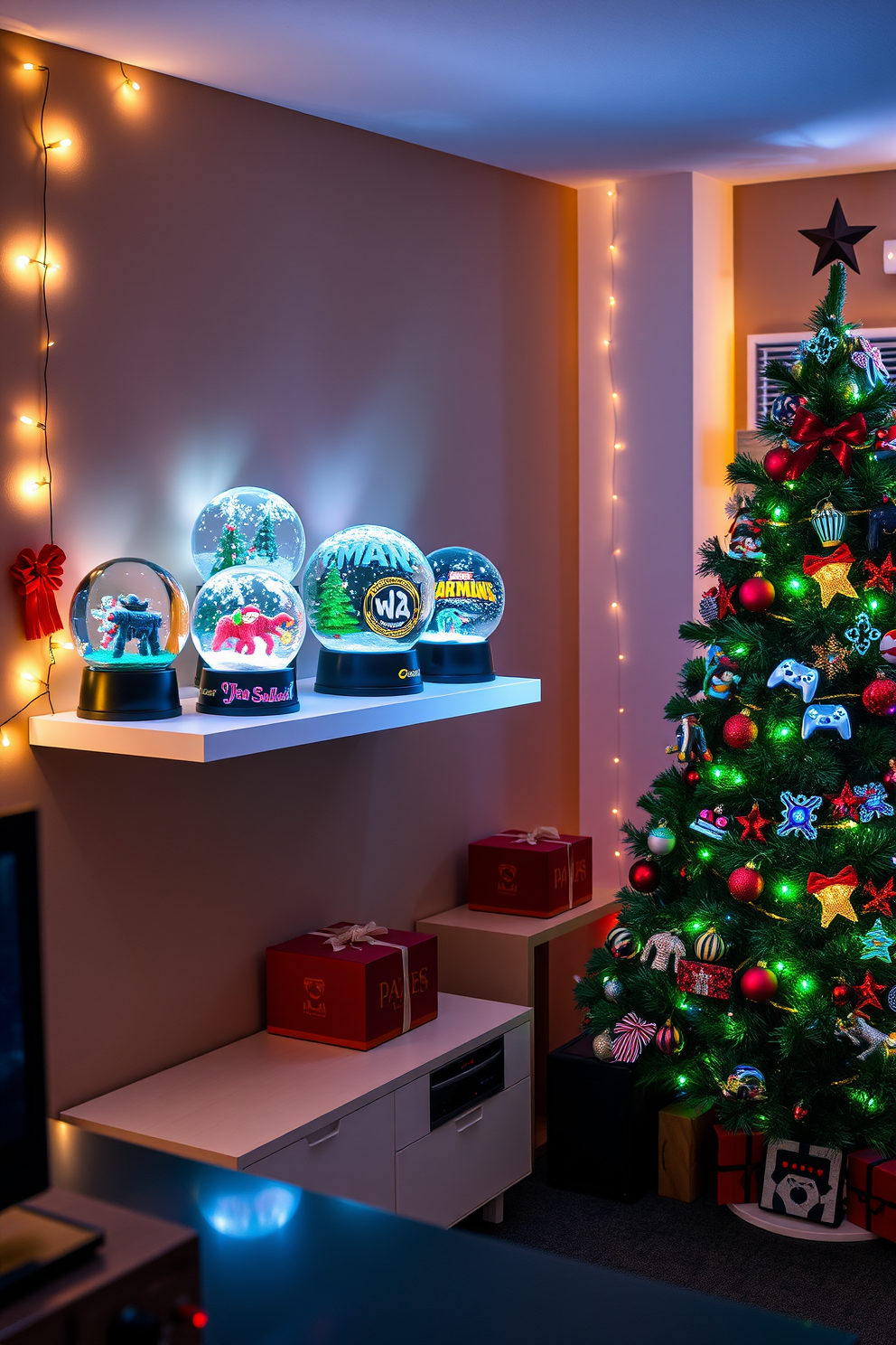 A vibrant game room adorned with festive decorations for the holidays. Snow globes featuring various game-themed designs are artistically arranged on a sleek, modern shelf, capturing the essence of gaming and winter wonder. The walls are adorned with string lights that create a warm, inviting atmosphere. A large Christmas tree, decorated with gaming-themed ornaments, stands proudly in the corner, completing the festive look of the space.