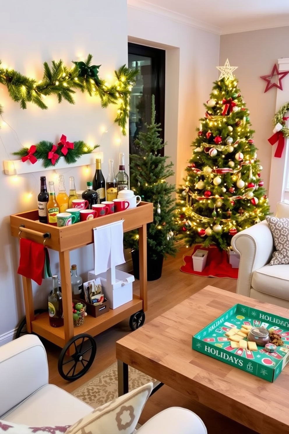 A festive drink station is set up with a wooden bar cart adorned with colorful holiday mugs, twinkling fairy lights, and a selection of seasonal beverages. The backdrop features a cheerful garland draped over the cart, complemented by a small pine tree decorated with ornaments. In the game room, Christmas decorations create a cozy atmosphere with a large tree adorned with playful ornaments and a string of lights. Plush seating is arranged around a coffee table, which is topped with festive snacks and a holiday-themed board game ready for family fun.