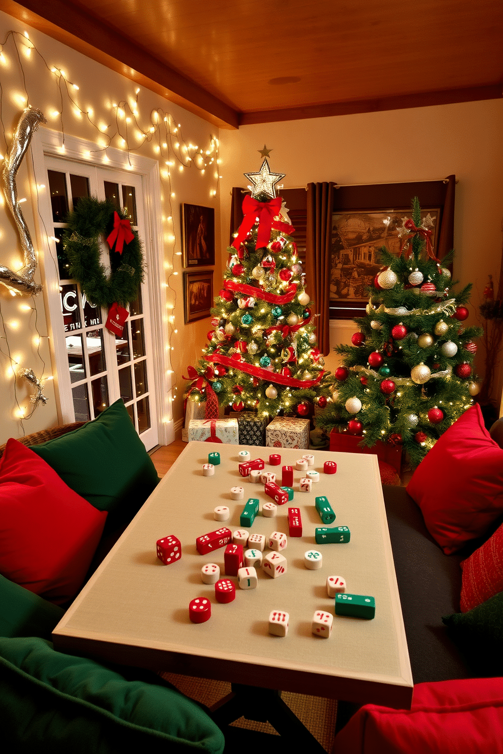 A cozy game room adorned with festive Christmas decorations. The walls are draped with string lights, and a large Christmas tree stands in the corner, decorated with colorful ornaments and a star on top. On the game table, DIY Christmas-themed game pieces are creatively arranged, including hand-painted wooden tokens and festive dice. Plush red and green cushions are scattered on the seating, adding warmth and comfort to the inviting space.