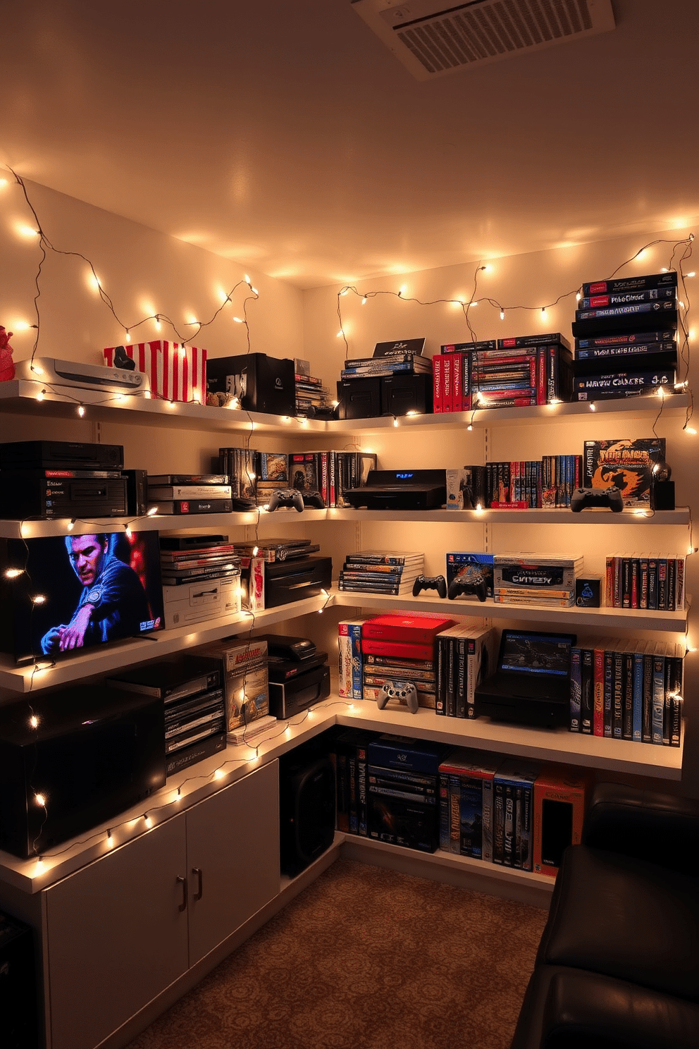 A cozy game room adorned with Christmas lights strung around sleek gaming shelves, creating a festive atmosphere. The shelves are filled with an array of gaming consoles, colorful game boxes, and collectibles, all illuminated by the warm glow of the lights.