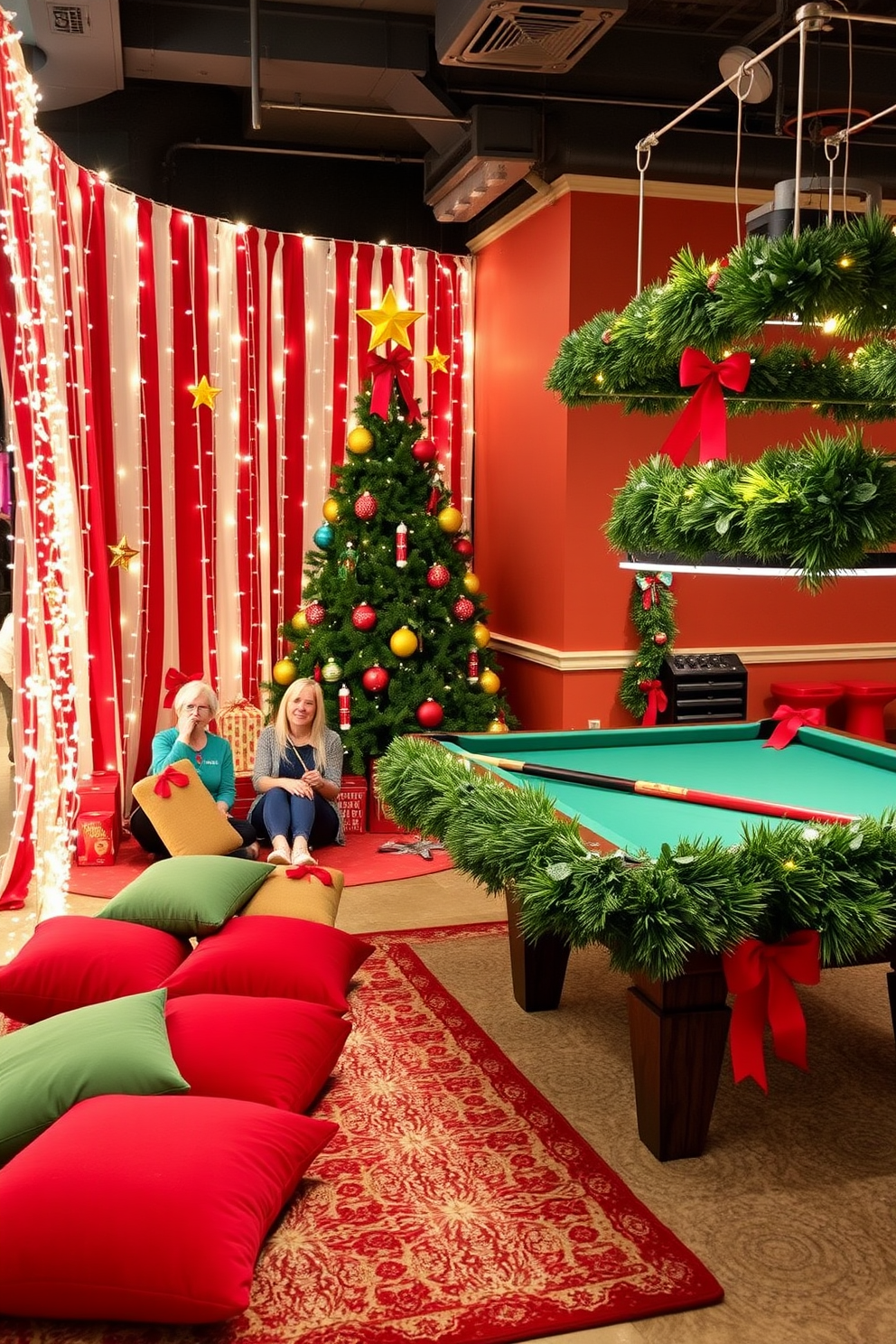 A festive holiday-themed photo booth corner is adorned with a backdrop of twinkling fairy lights and a large, colorful Christmas tree. Plush red and green cushions are scattered on a cozy rug, inviting guests to sit and pose with fun props like oversized ornaments and Santa hats. The game room is transformed into a winter wonderland, featuring a beautifully decorated pool table with garlands of pine and red ribbon. A cheerful display of string lights and holiday-themed decor enhances the playful atmosphere, making it the perfect space for festive gatherings and holiday fun.