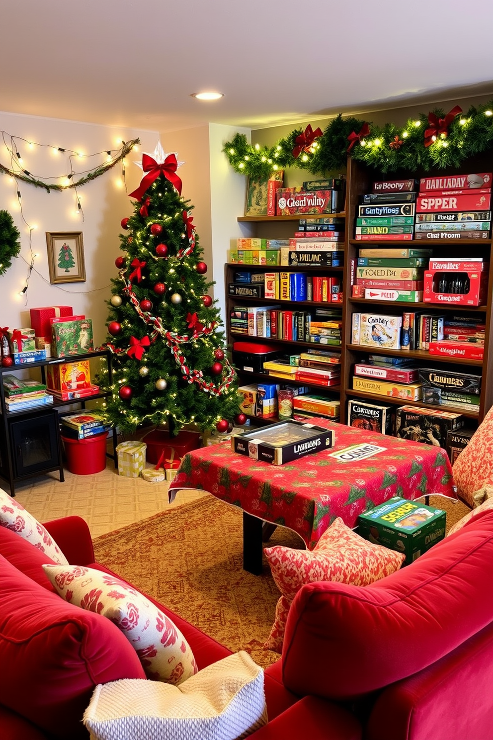 A cozy game room adorned for the holidays. Festive decorations include string lights draped along the walls, a large Christmas tree in the corner, and a vibrant holiday-themed tablecloth covering the game table. The shelves are filled with an array of board games, each one wrapped in colorful gift paper. Plush seating in rich red and green hues invites friends and family to gather and enjoy game nights together.