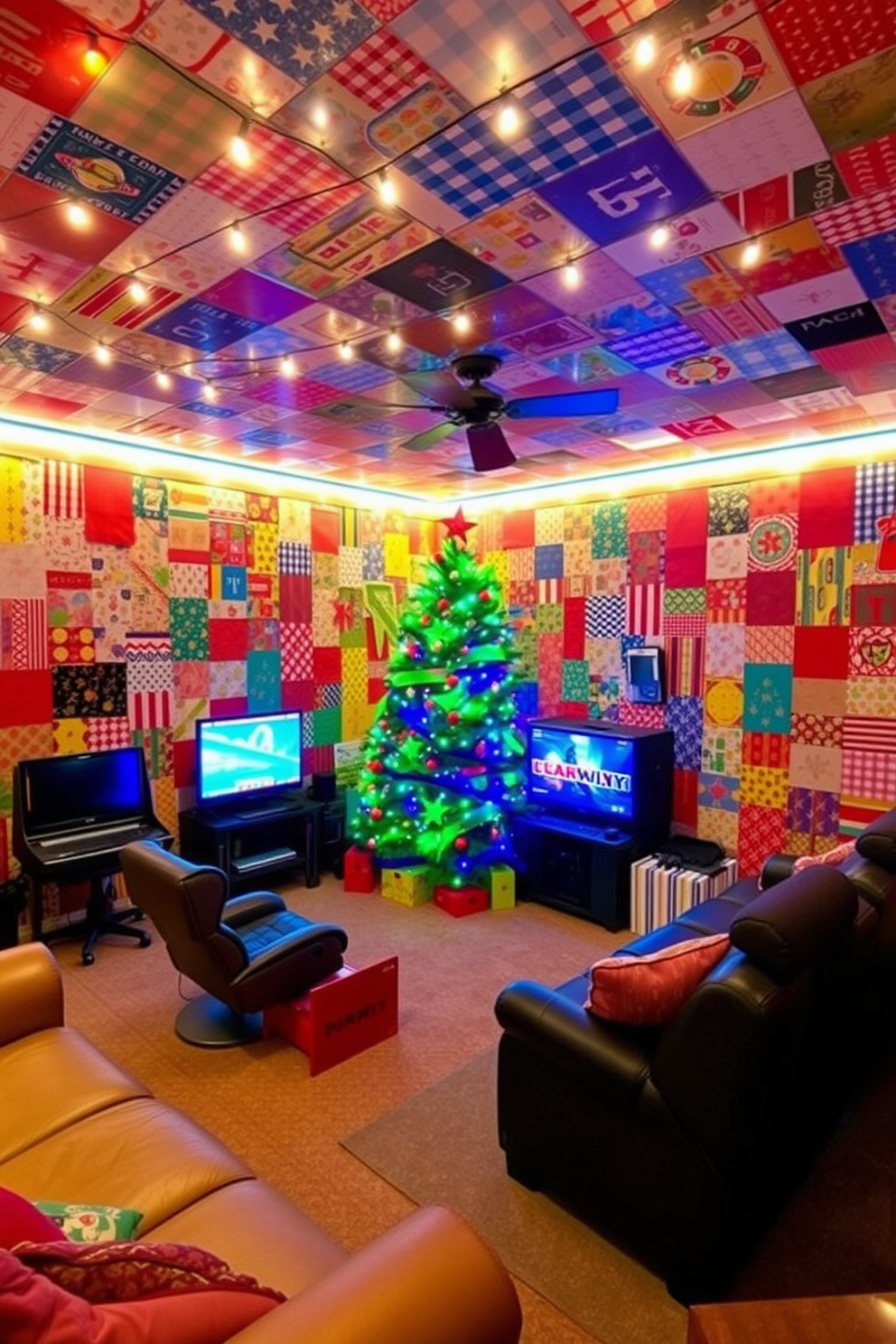 A vibrant game room adorned with colorful wrapping paper wall art creates a festive atmosphere. The walls are covered with a patchwork of various wrapping papers, showcasing a mix of patterns and colors that evoke a playful spirit. For Christmas decorating ideas, the room features a large, decorated tree in one corner, surrounded by gaming consoles and cozy seating. String lights are draped across the ceiling, adding a warm glow and enhancing the holiday cheer.