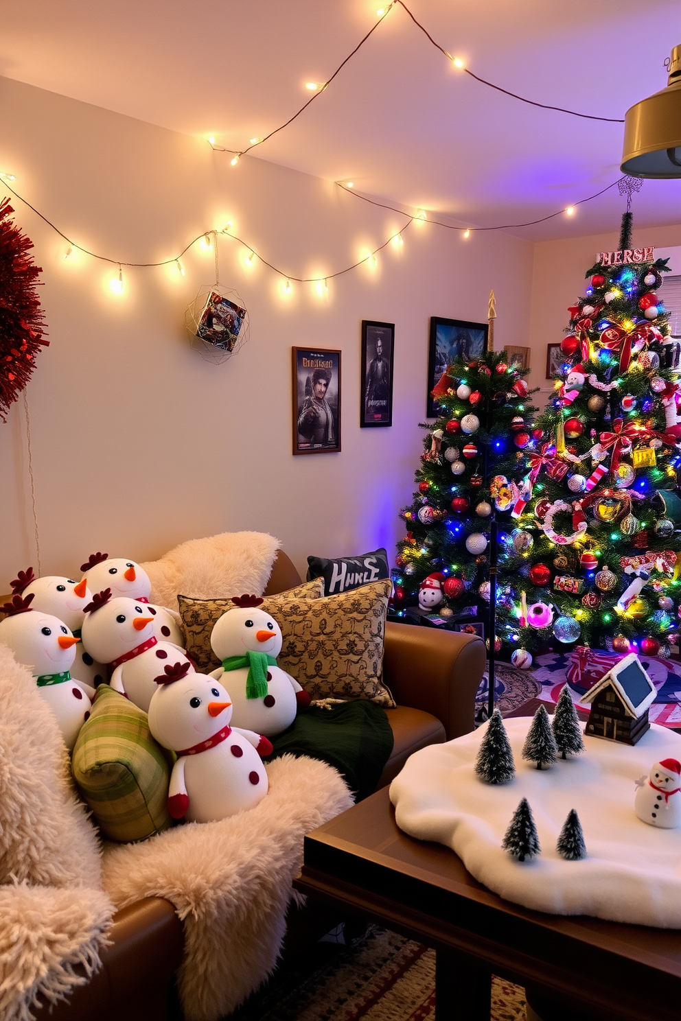 A cozy corner features a collection of snowman plushies nestled among fluffy throw blankets and decorative pillows. Soft, warm lighting creates an inviting atmosphere, highlighting the cheerful expressions of the plushies. The game room is adorned with festive decorations, including a large Christmas tree decorated with gaming-themed ornaments. String lights drape across the ceiling, and a winter wonderland scene is set up on the gaming table, complete with miniature snowmen and holiday cheer.