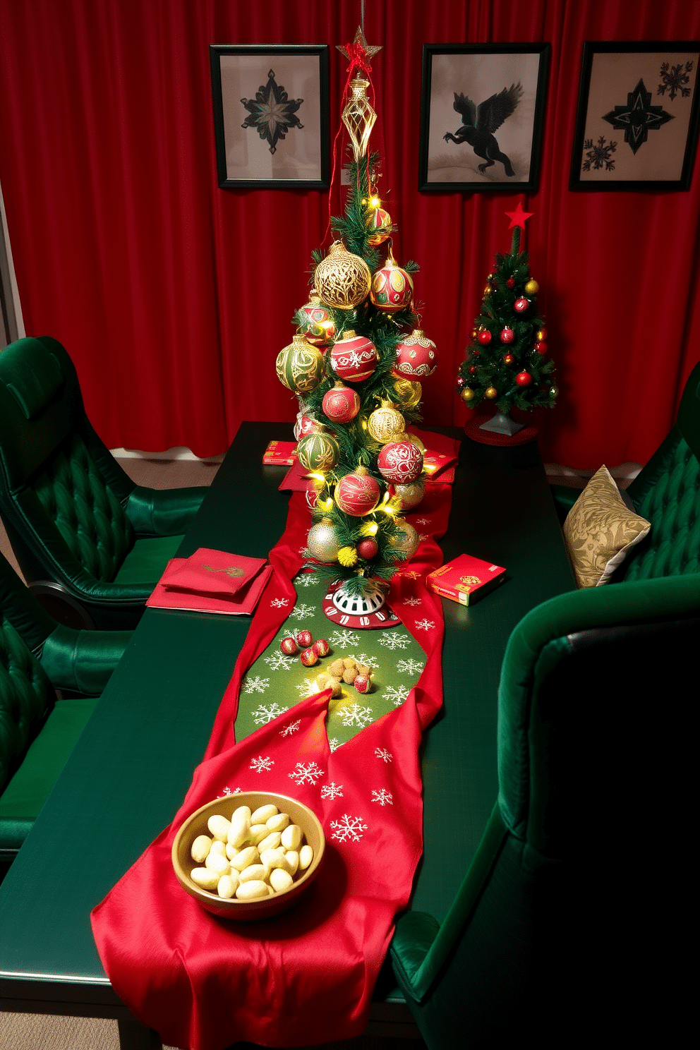 A festive gaming table centerpiece adorned with a vibrant red tablecloth, featuring a collection of intricately designed holiday ornaments and twinkling fairy lights. Surrounding the centerpiece are cozy, plush gaming chairs in rich green hues, inviting friends and family to gather and enjoy the holiday spirit. The table is set with themed gaming accessories, including a custom game board decorated with snowflakes and holiday motifs. A small evergreen tree with colorful baubles stands at one end, while a bowl of seasonal snacks adds a touch of warmth to the festive atmosphere.