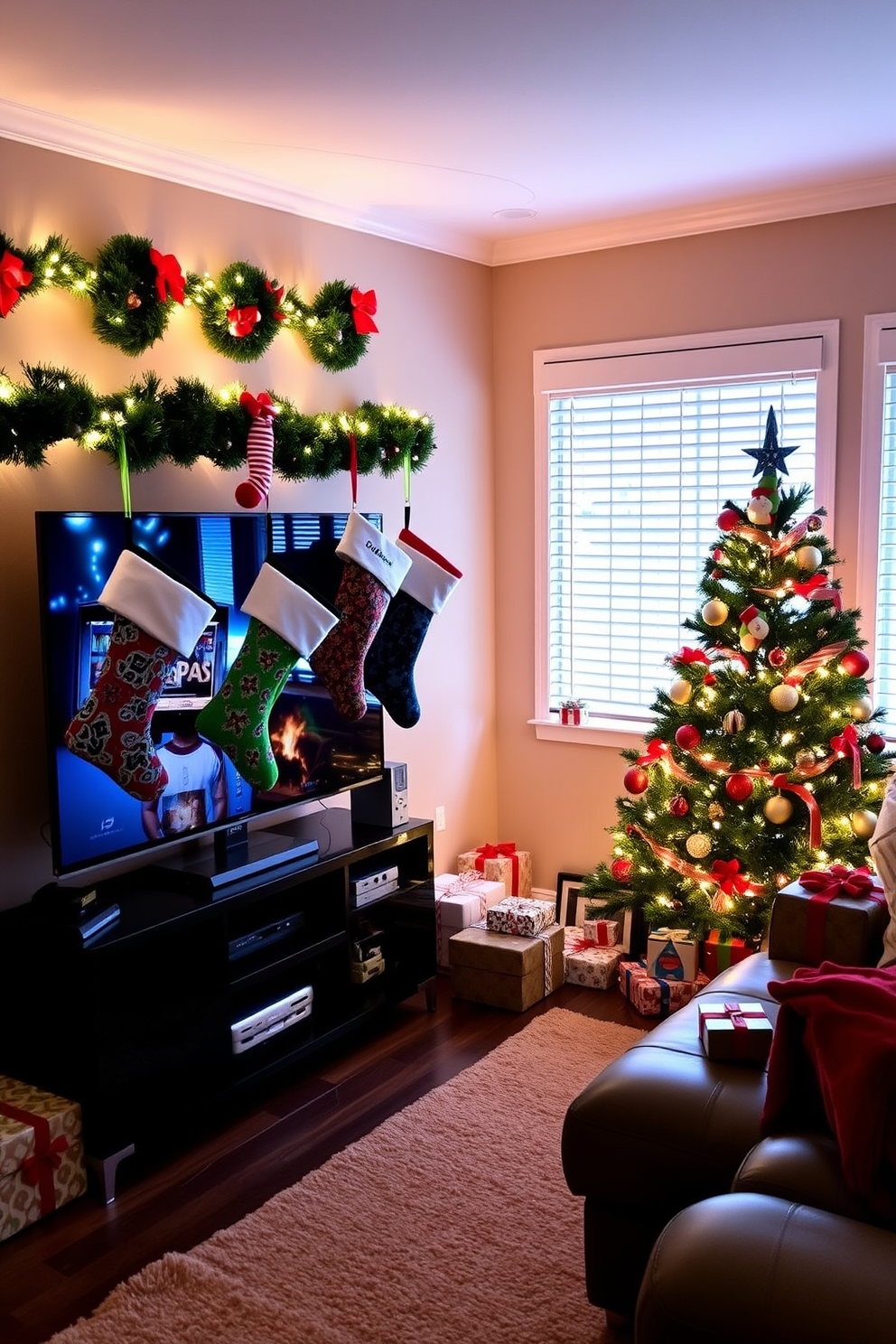 A cozy game room adorned for the holidays features a festive display of Christmas stockings specifically designed for game controllers. Each stocking is uniquely styled, with vibrant colors and playful patterns that reflect the gaming theme, hanging from a modern entertainment unit. The room is illuminated with soft, warm lighting, creating an inviting atmosphere perfect for holiday gatherings. A beautifully decorated Christmas tree stands in the corner, surrounded by wrapped gifts and gaming memorabilia, enhancing the festive spirit of the space.