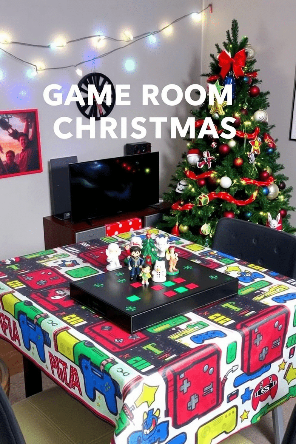 A themed tablecloth for gaming nights featuring vibrant colors and playful graphics inspired by popular video games. The design includes pixel art elements, game controllers, and iconic characters, creating an immersive atmosphere for players. For Game Room Christmas decorating ideas, envision a cozy space adorned with string lights and festive decor that complements the gaming theme. Include a Christmas tree decorated with gaming-themed ornaments, and a table centerpiece featuring a holiday-themed game board or collectible figurines.