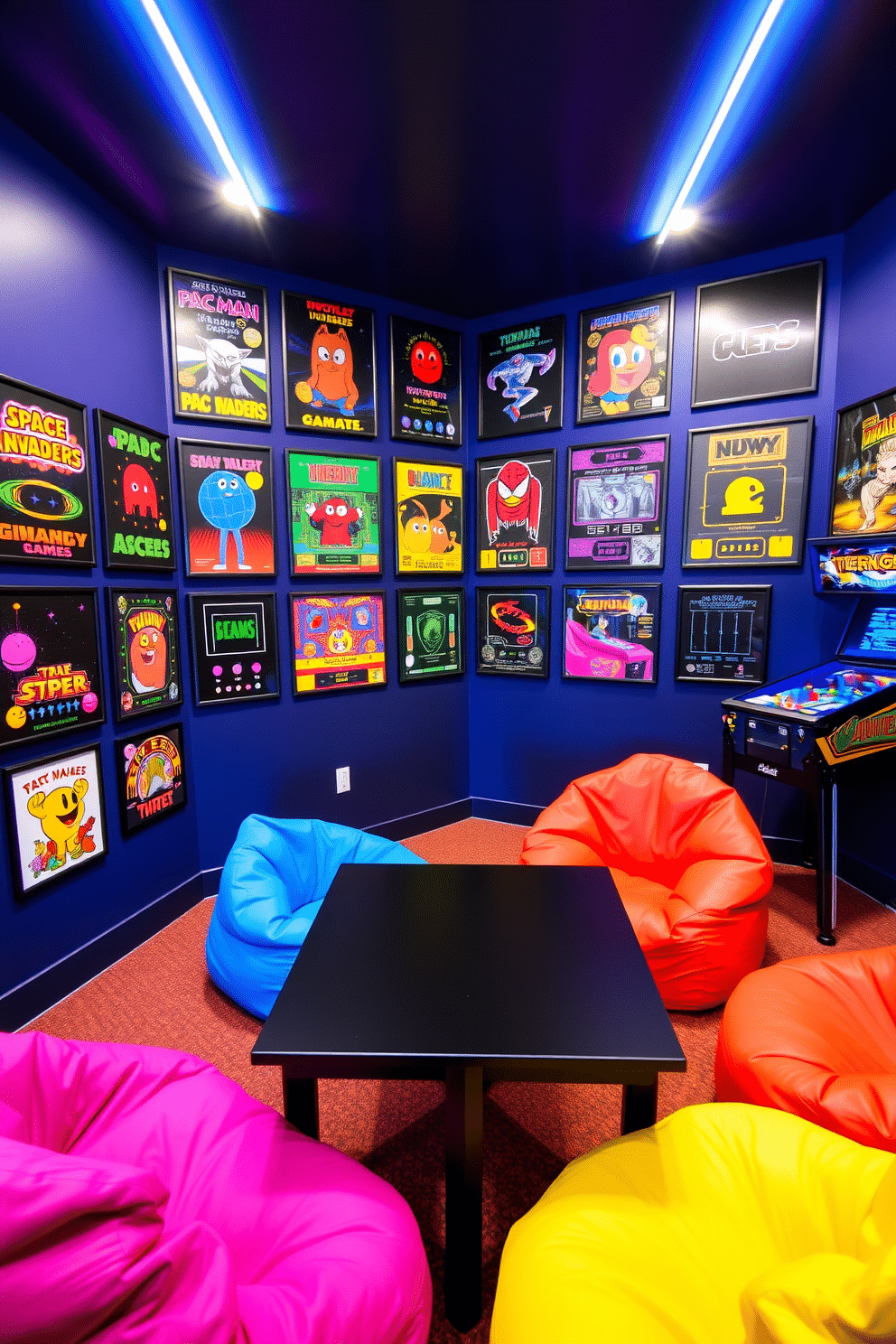 A vibrant game room featuring a wall adorned with retro arcade game art, showcasing classic titles like Pac-Man and Space Invaders. The walls are painted in a deep navy blue, creating a perfect backdrop for the colorful artwork, while neon lights accentuate the gaming theme. In the center of the room, a sleek black gaming table is surrounded by comfortable bean bag chairs in bright colors. A vintage pinball machine stands proudly in one corner, adding a nostalgic touch to the lively atmosphere.