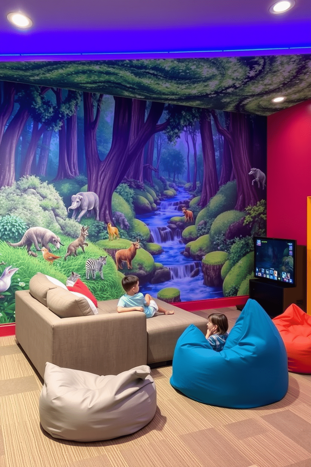 A vibrant and interactive wall mural depicts a lush forest scene, complete with wildlife and a flowing river, designed to engage the senses and spark imagination. The mural features elements that can be touched or moved, creating an immersive experience that transforms the game room into a playful retreat. The game room is furnished with a mix of comfortable seating, including a plush sectional sofa and bean bags, arranged around a large screen for gaming. Brightly colored accent walls and playful lighting enhance the energetic atmosphere, making it a perfect space for friends and family to gather and enjoy.