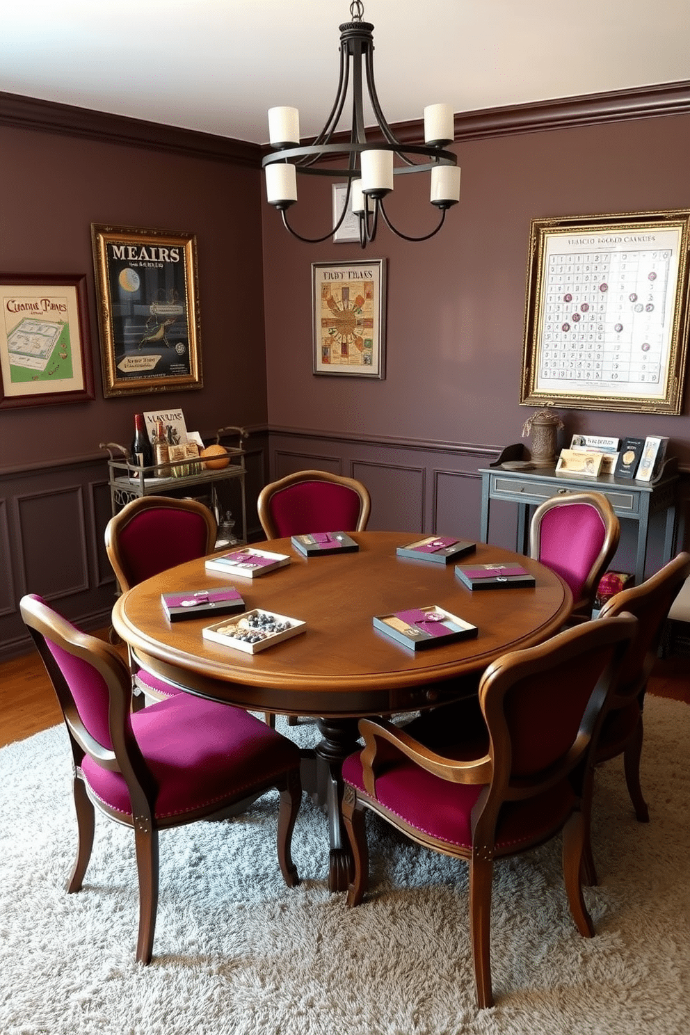 A classic game room featuring a vintage wooden table set for board games. Surrounding the table are comfortable upholstered chairs in rich burgundy, with a plush area rug beneath to add warmth. On the walls, framed artwork of classic board games adds a playful touch, while a stylish bar cart in the corner holds an assortment of snacks and beverages. Soft ambient lighting from a chic chandelier creates an inviting atmosphere for game nights.