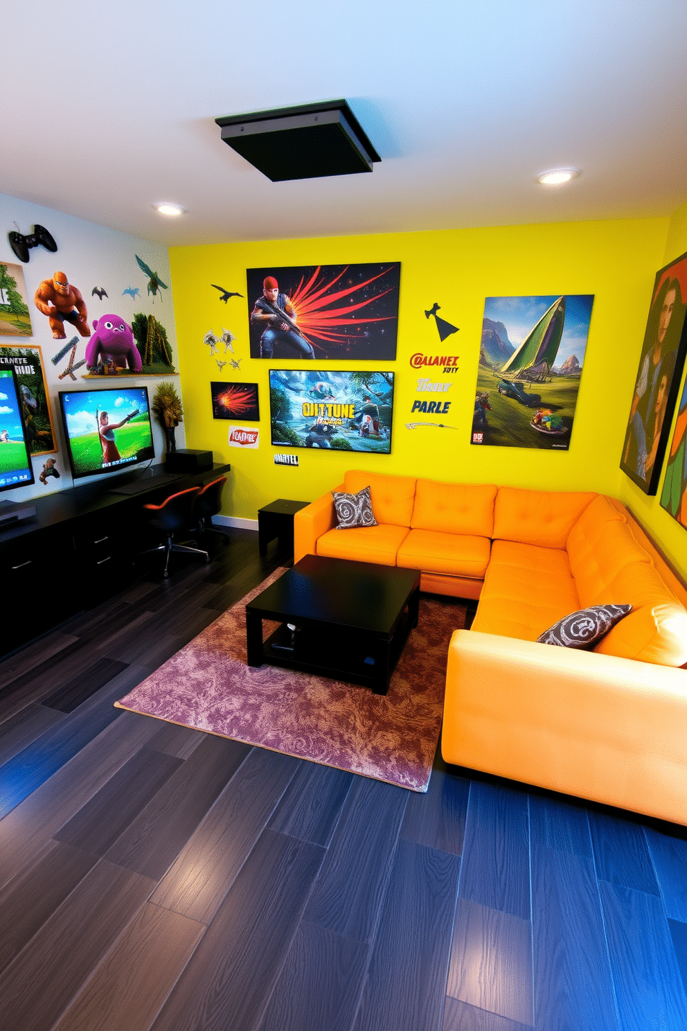 A vibrant game room filled with energy and excitement. The walls are adorned with colorful gaming-themed wall decals and posters featuring iconic characters and landscapes from popular video games. The flooring is a sleek dark laminate, providing a modern contrast to the bright decor. A plush sectional sofa in a bold color invites relaxation, while a large coffee table sits in the center, perfect for snacks and drinks during gaming sessions.