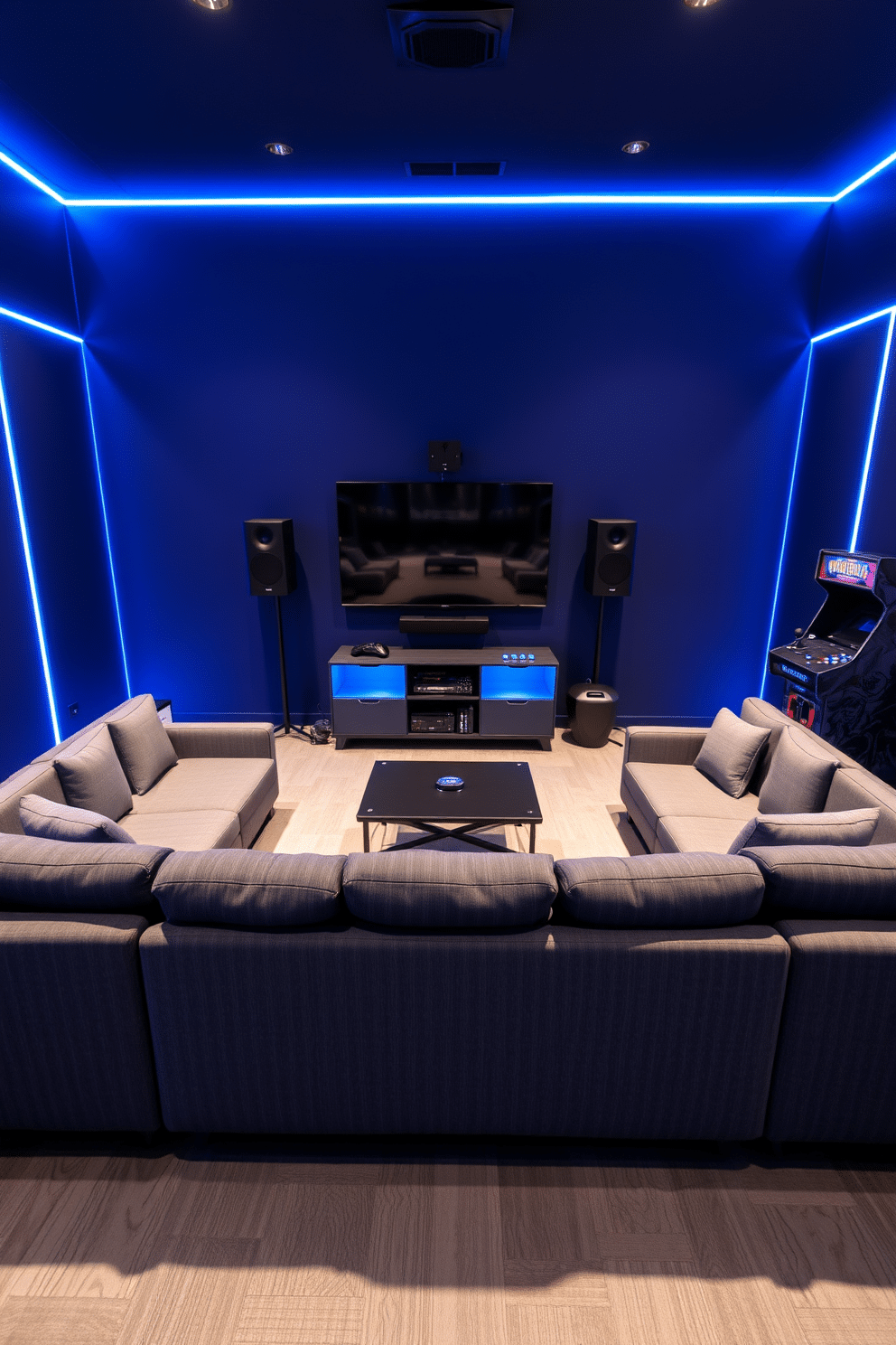 A modern game room featuring an integrated sound system for immersive gameplay. The walls are painted in a deep navy blue, with LED strip lighting along the edges to create a dynamic atmosphere. In the center, a large sectional sofa upholstered in gray fabric surrounds a sleek coffee table made of glass and metal. A wall-mounted flat-screen TV is flanked by sound speakers, and a stylish arcade machine adds a retro touch to the space.