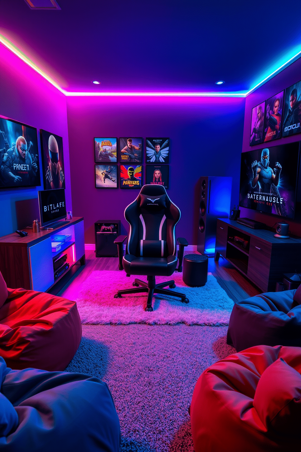 A modern gaming chair with built-in speakers sits in the center of a vibrant game room, surrounded by colorful LED lighting that enhances the gaming atmosphere. The walls are adorned with framed posters of popular video games, and a plush area rug adds comfort underfoot. In one corner, a sleek gaming console is displayed on a stylish media unit, while a large flat-screen TV dominates the opposite wall. Comfortable bean bags are scattered around the room, inviting friends to join in for multiplayer gaming sessions.