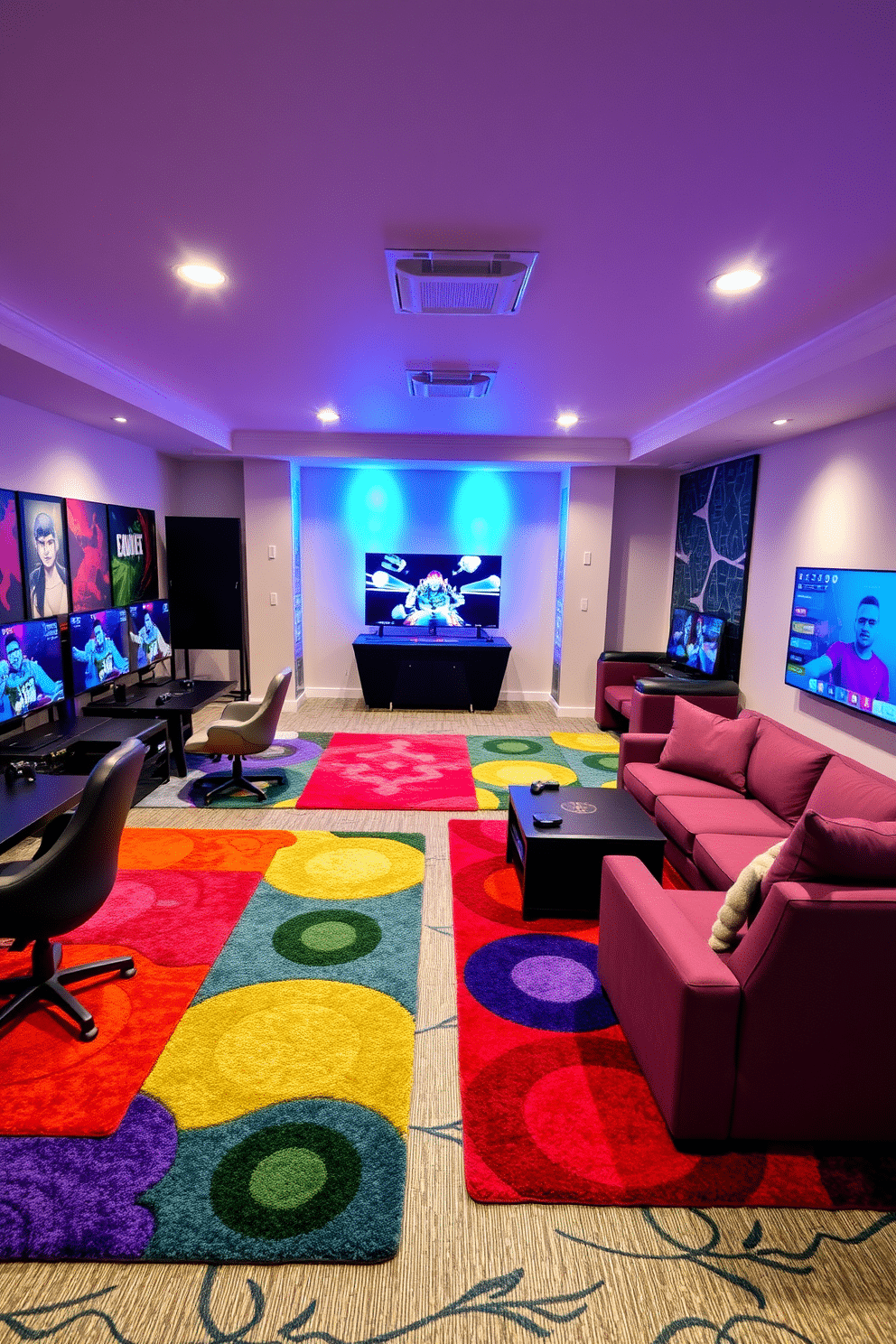 A vibrant game room featuring colorful rugs that delineate distinct gaming zones. The space is filled with plush seating and contemporary gaming consoles, creating an inviting atmosphere for friends and family to enjoy.