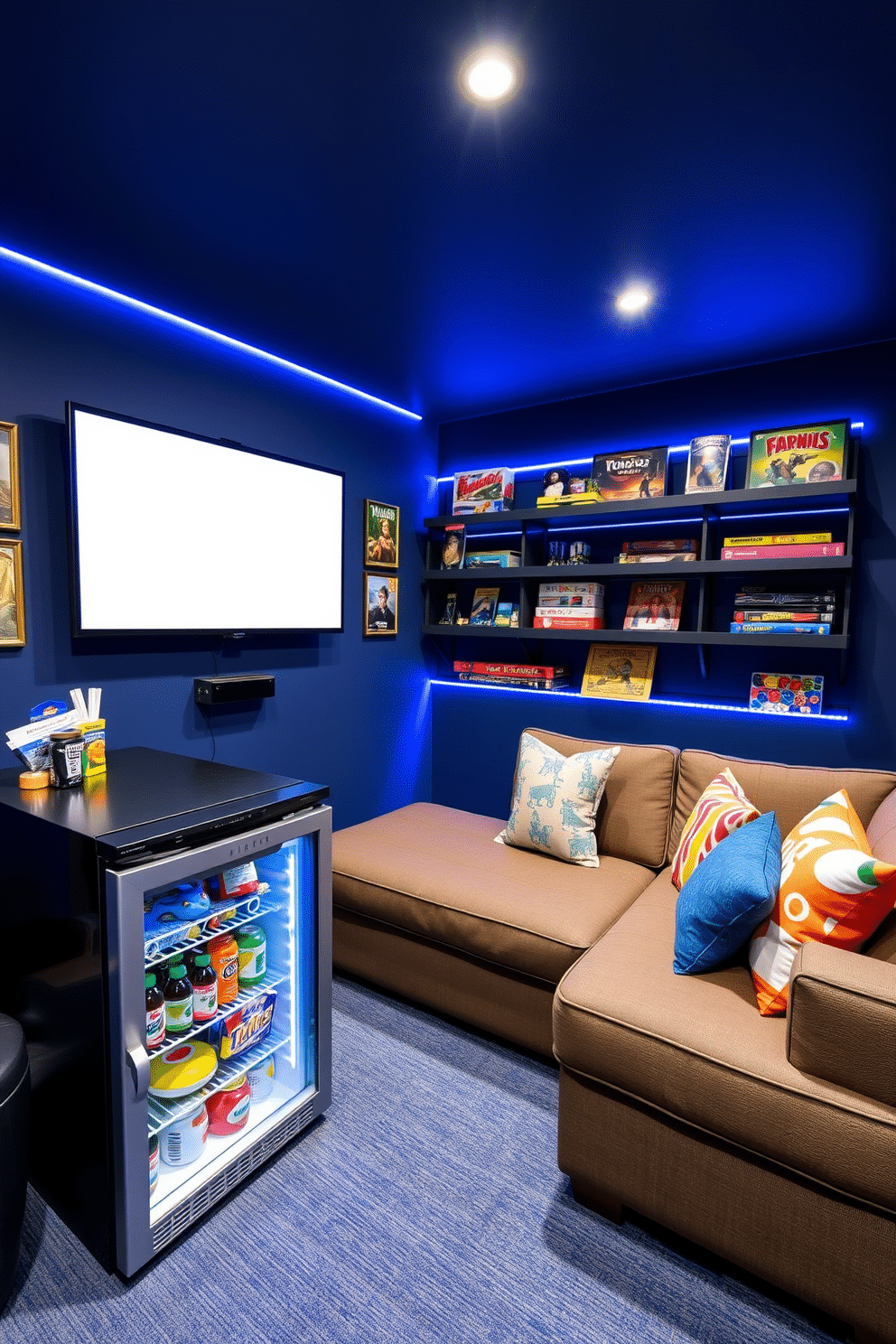 A vibrant game room designed for relaxation and entertainment. The space features a sleek mini fridge stocked with snacks and drinks, positioned beside a comfortable sectional sofa adorned with colorful throw pillows. The walls are painted in a deep navy blue, creating a cozy atmosphere, while LED strip lighting adds a modern touch. A large wall-mounted screen is perfect for gaming, flanked by shelves displaying board games and collectibles.