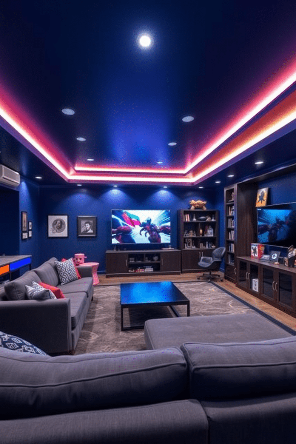 A vibrant game room filled with energy and excitement. The walls are painted in a deep navy blue, and the ceiling features recessed smart lighting that can change colors to set the mood. A plush sectional sofa in a rich gray fabric is arranged around a sleek coffee table, perfect for game nights. An entertainment center showcases a large flat-screen TV, surrounded by shelves filled with games and collectibles.