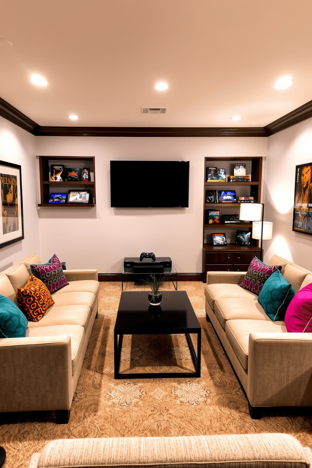 A contemporary game room featuring a wall-mounted TV positioned at the perfect height for optimal viewing. The space includes a plush sectional sofa in a neutral color, complemented by vibrant accent pillows and a stylish coffee table in the center. The walls are adorned with framed artwork and shelves displaying gaming memorabilia, creating an inviting atmosphere. Soft ambient lighting from recessed fixtures and floor lamps enhances the room's cozy feel, making it perfect for entertaining friends or family.