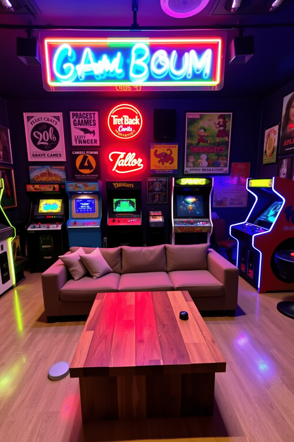 A vibrant game room featuring vintage arcade machines as decor pieces. The walls are adorned with retro posters, and colorful LED lights illuminate the space, creating an energetic atmosphere. In the center, a large, plush sectional sofa invites relaxation, complemented by a sleek coffee table made from reclaimed wood. A neon sign hangs above the arcade machines, adding a nostalgic touch to the overall design.