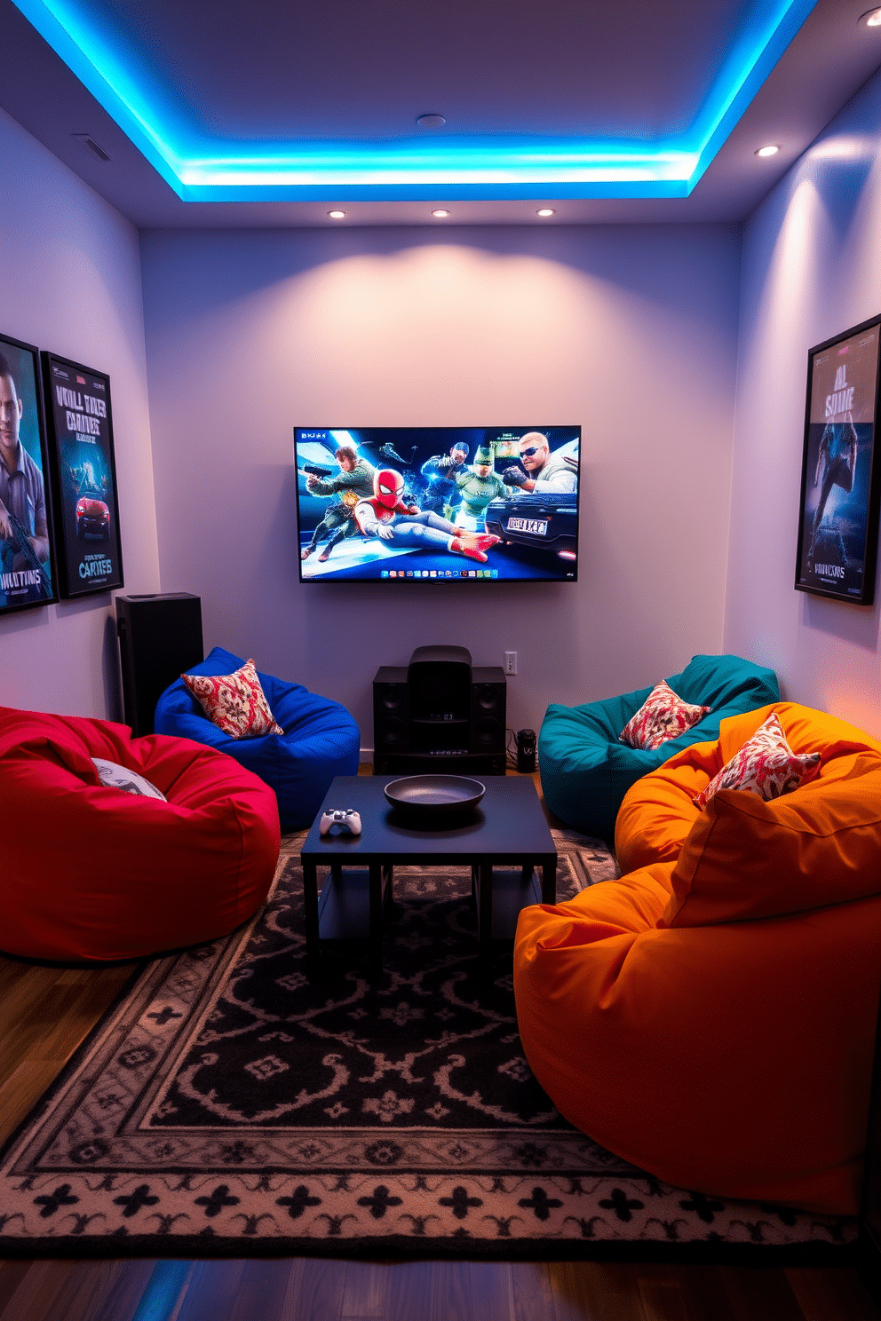 A cozy gaming nook features plush bean bags in vibrant colors, arranged around a low coffee table. Soft, ambient lighting creates an inviting atmosphere, while a large wall-mounted screen displays the latest gaming graphics. The walls are adorned with framed posters of popular video games, adding a personal touch to the space. A stylish rug anchors the area, providing comfort underfoot and enhancing the room's playful vibe.