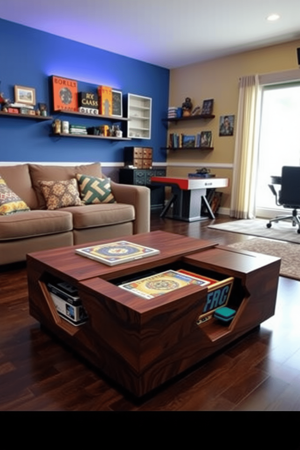 A game-themed coffee table with storage features a sleek, modern design, incorporating a rich walnut finish and unique geometric shapes. It includes hidden compartments for board games and gaming accessories, ensuring a clutter-free space while adding a playful touch to the room. The surrounding game room is designed with vibrant colors and comfortable seating, creating an inviting atmosphere for friends and family. Wall-mounted shelves display collectibles and game memorabilia, while soft lighting enhances the overall ambiance, making it the perfect place for entertainment and relaxation.