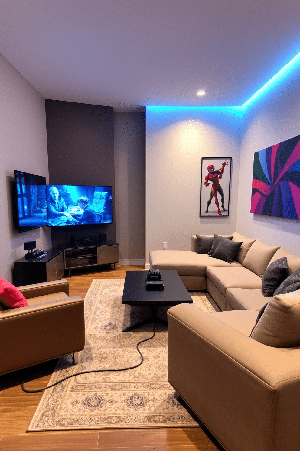 A modern game room featuring sleek furniture with integrated cable management solutions. The walls are adorned with vibrant artwork, and a plush sectional sofa provides ample seating, while a stylish coffee table sits at the center. In one corner, a wall-mounted gaming console is seamlessly connected to the entertainment system, with cables discreetly routed through the furniture. Soft ambient lighting enhances the atmosphere, creating an inviting space perfect for gaming and relaxation.