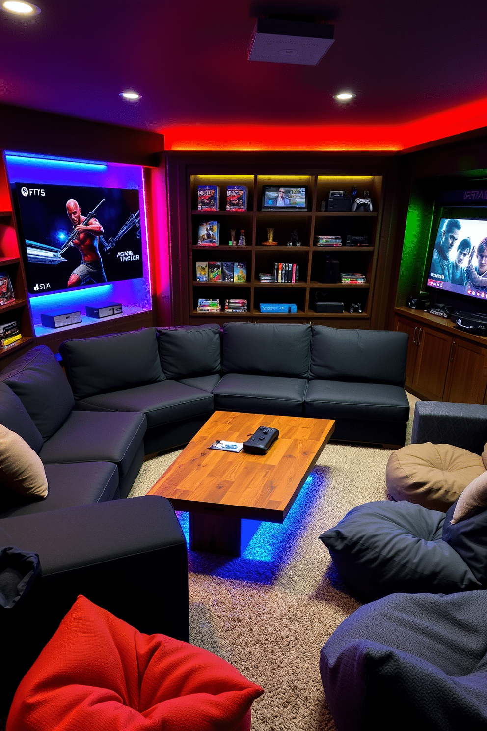 A cozy game room designed for multiplayer sessions features a large sectional sofa upholstered in durable, dark fabric, perfect for long hours of gaming. In front of the sofa, a sleek coffee table made of reclaimed wood provides ample space for snacks and drinks, while colorful LED lighting enhances the room's vibrant atmosphere. To one side, a wall-mounted screen displays the latest games, framed by built-in shelving that holds an impressive collection of games and consoles. Plush bean bags and floor cushions are scattered around for additional seating, inviting friends to join in the fun and relax.