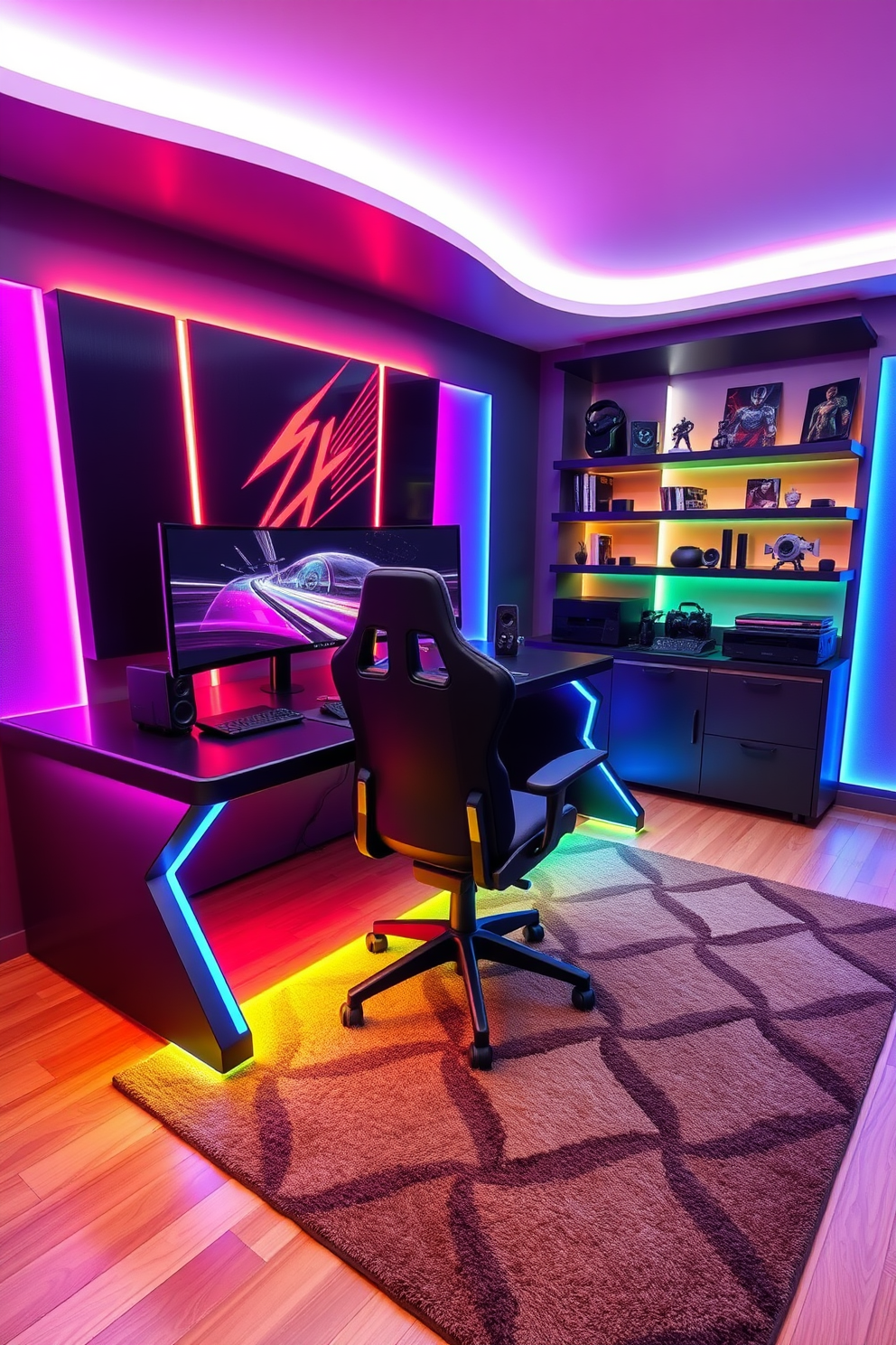 A futuristic gaming station with a sleek design features a streamlined desk with integrated LED lighting and a large, ultra-wide curved monitor. The walls are adorned with dynamic, programmable RGB panels that change colors, creating an immersive atmosphere for gaming. The room includes a high-tech gaming chair with ergonomic support and built-in speakers, positioned in front of the desk. A plush area rug in a geometric pattern adds comfort, while shelves display collectibles and gaming paraphernalia, enhancing the modern aesthetic.