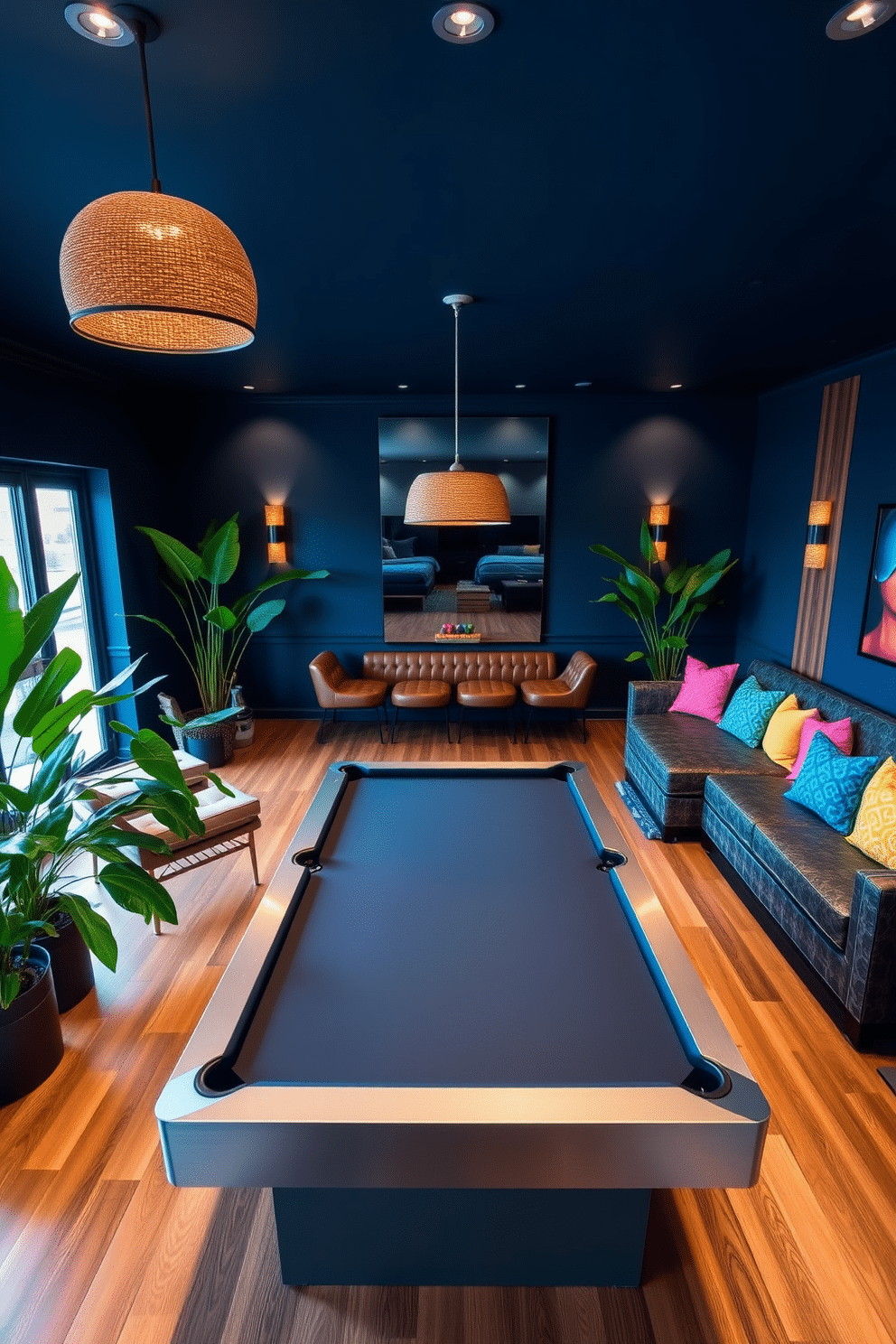 A vibrant game room filled with energy and style. The space features a sleek pool table at its center, surrounded by comfortable lounge chairs and a large sectional sofa adorned with colorful throw pillows. Lush green plants are strategically placed in the corners, adding a fresh vibe to the atmosphere. The walls are painted in a deep navy blue, complemented by warm wood accents and soft ambient lighting to create an inviting environment.