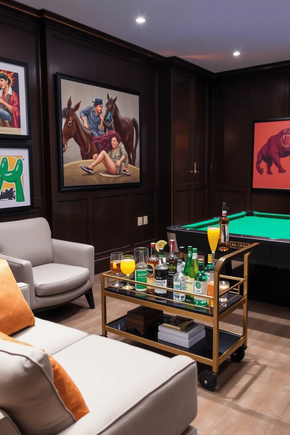 A stylish game room featuring a sleek bar cart designed for refreshments. The cart is adorned with an array of colorful cocktails, glassware, and a selection of premium spirits, set against a backdrop of dark wood paneling. The room is illuminated by soft, ambient lighting that creates a cozy atmosphere. Plush seating arrangements are strategically placed around a pool table, with vibrant artwork adorning the walls to enhance the playful vibe.