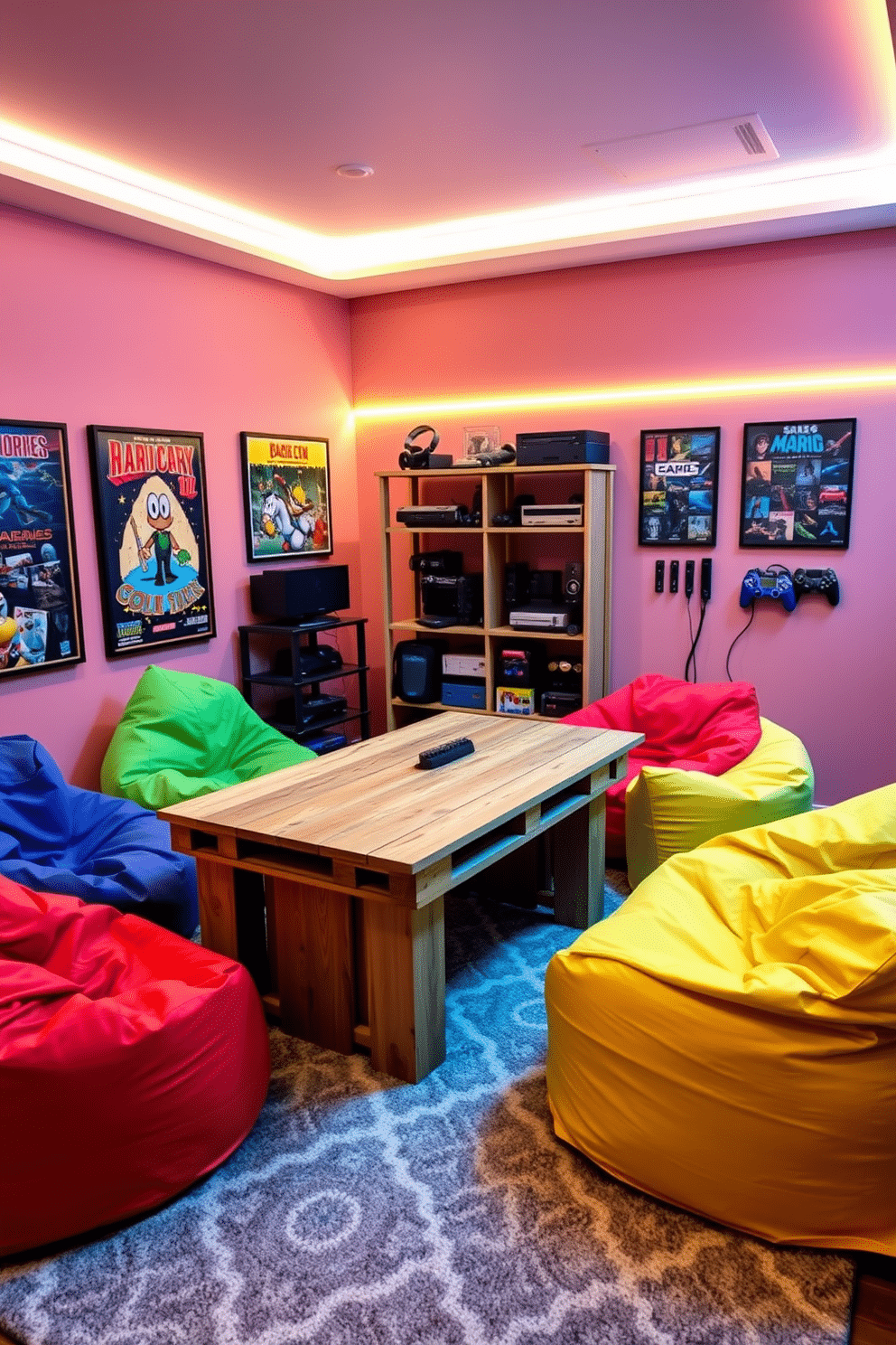 A rustic DIY pallet wood gaming table sits at the center of a vibrant game room, surrounded by comfortable bean bag chairs in bold colors. The walls are adorned with framed posters of classic video games, while LED strip lights create an inviting ambiance along the edges of the ceiling. In one corner, a wall-mounted shelf displays an array of gaming consoles and accessories, adding both functionality and style to the space. A plush area rug in a geometric pattern anchors the seating area, providing a cozy spot for friends to gather and enjoy their favorite games.