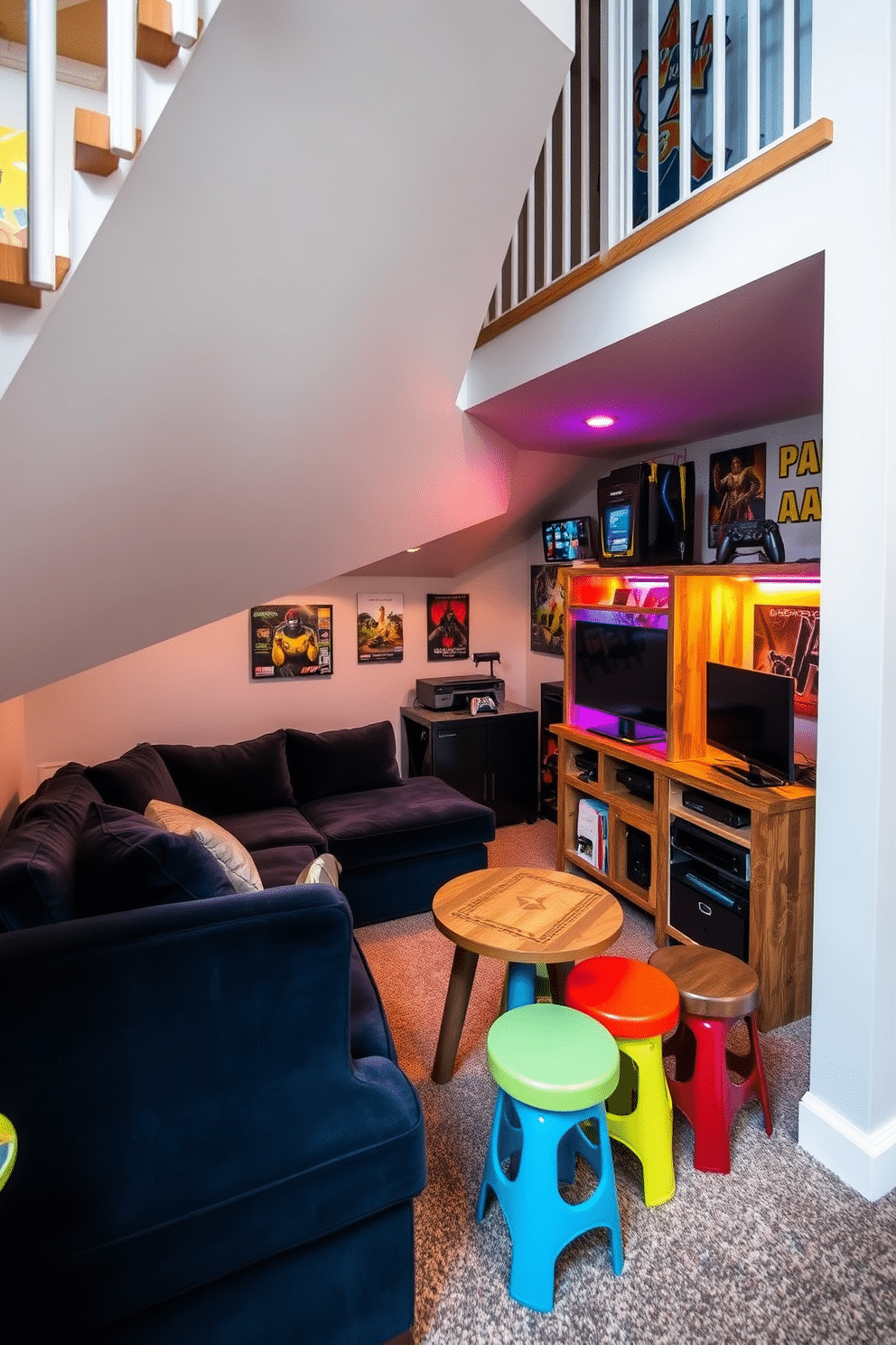 A cozy game room is nestled under the stairs, featuring a plush sectional sofa in a deep navy hue that invites relaxation. A custom-built gaming console unit, crafted from reclaimed wood, holds an array of gaming systems, while ambient LED lighting casts a warm glow across the space. The walls are adorned with vibrant artwork and gaming posters, creating an energetic atmosphere. A small round table with colorful stools provides a perfect spot for board games, enhancing the playful vibe of this unique under-stair retreat.