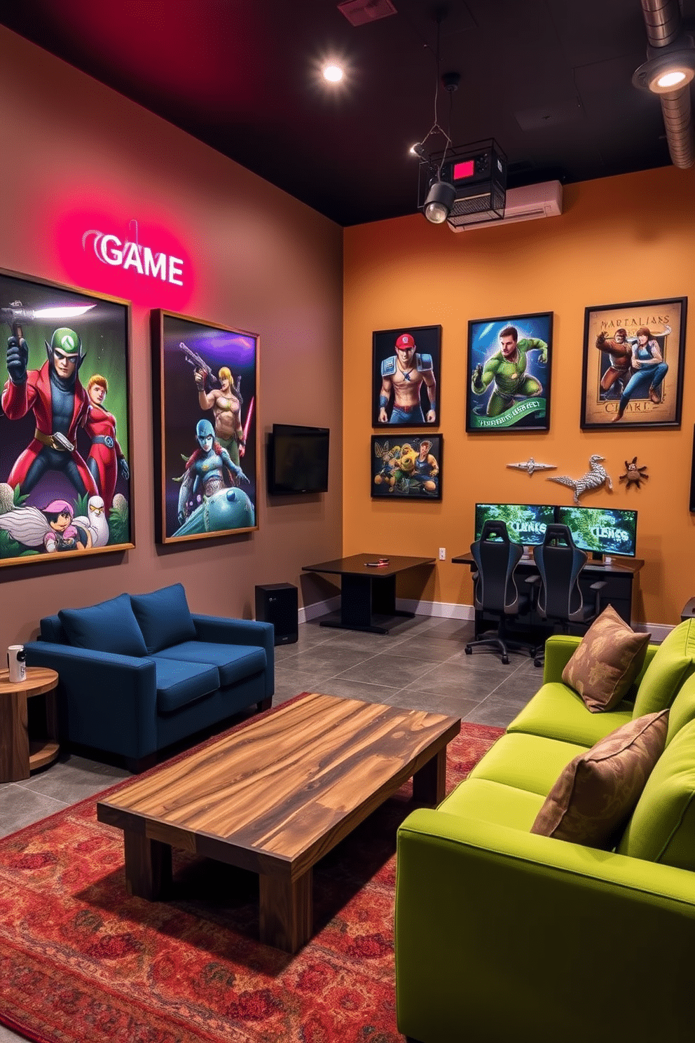 A vibrant game room featuring custom art pieces inspired by favorite video games. The walls are adorned with large, framed prints showcasing iconic characters and scenes, while a neon sign adds a playful glow to the space. The seating area includes a plush sectional sofa in a bold color, arranged around a sleek coffee table made of reclaimed wood. A dedicated gaming station with multiple screens and ergonomic chairs is positioned against one wall, creating an inviting atmosphere for both relaxation and competition.