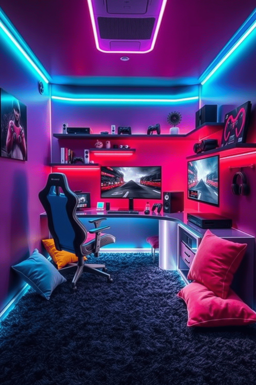 A vibrant gaming corner designed with a futuristic theme, featuring a sleek gaming desk with an ergonomic chair. Neon lights in various colors illuminate the space, creating an energetic atmosphere, while wall-mounted shelves display gaming consoles and collectibles. The floor is covered in a plush, dark carpet that enhances comfort, and a large screen is positioned for optimal viewing. Accent pillows in bold colors are scattered around a cozy gaming nook, inviting relaxation between intense gaming sessions.