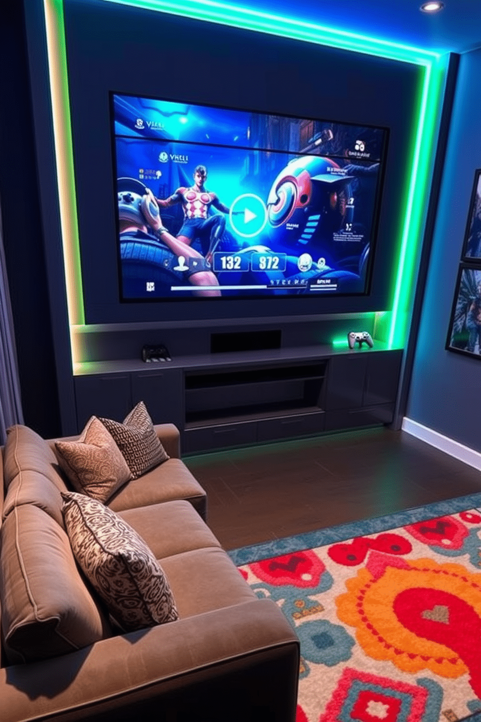 A dynamic gaming wall featuring a large touch screen, surrounded by customizable LED lighting that changes color based on gameplay. The wall is designed with soundproof panels and integrated shelving to hold gaming consoles and accessories, creating an immersive experience. The room includes a plush sectional sofa with built-in charging ports and cozy throw pillows, positioned for optimal viewing of the gaming wall. Accent rugs in vibrant colors add warmth to the space, while framed artwork of popular video games decorates the walls, enhancing the overall theme.