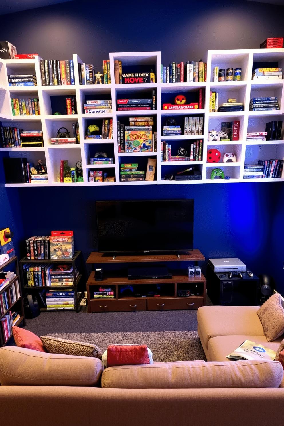 A vibrant game room featuring wall-mounted shelves designed for optimal game storage. The shelves are filled with neatly organized board games, video game consoles, and colorful collectibles, creating an inviting and playful atmosphere. The walls are painted in a deep navy blue, providing a striking contrast to the bright white shelves. A plush sectional sofa in a modern design faces a large screen, with ambient lighting enhancing the overall gaming experience.